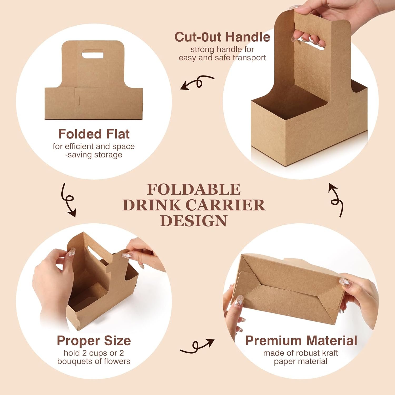 Logo Personalizzato 20 pz portabevande monouso per 2 tazze con manico carta kraft floreale per buste regalo consegne cibo marchio bianco fornitore