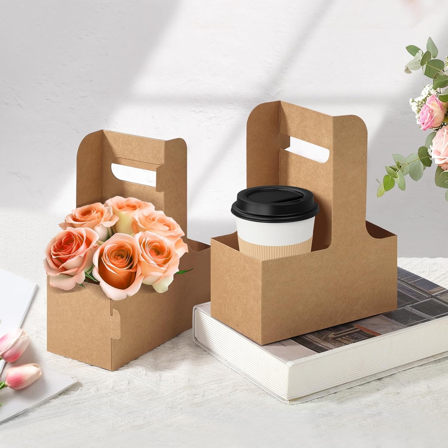 Logo Personalizzato 20 pz portabevande monouso per 2 tazze con manico carta kraft floreale per buste regalo consegne cibo marchio bianco fornitore