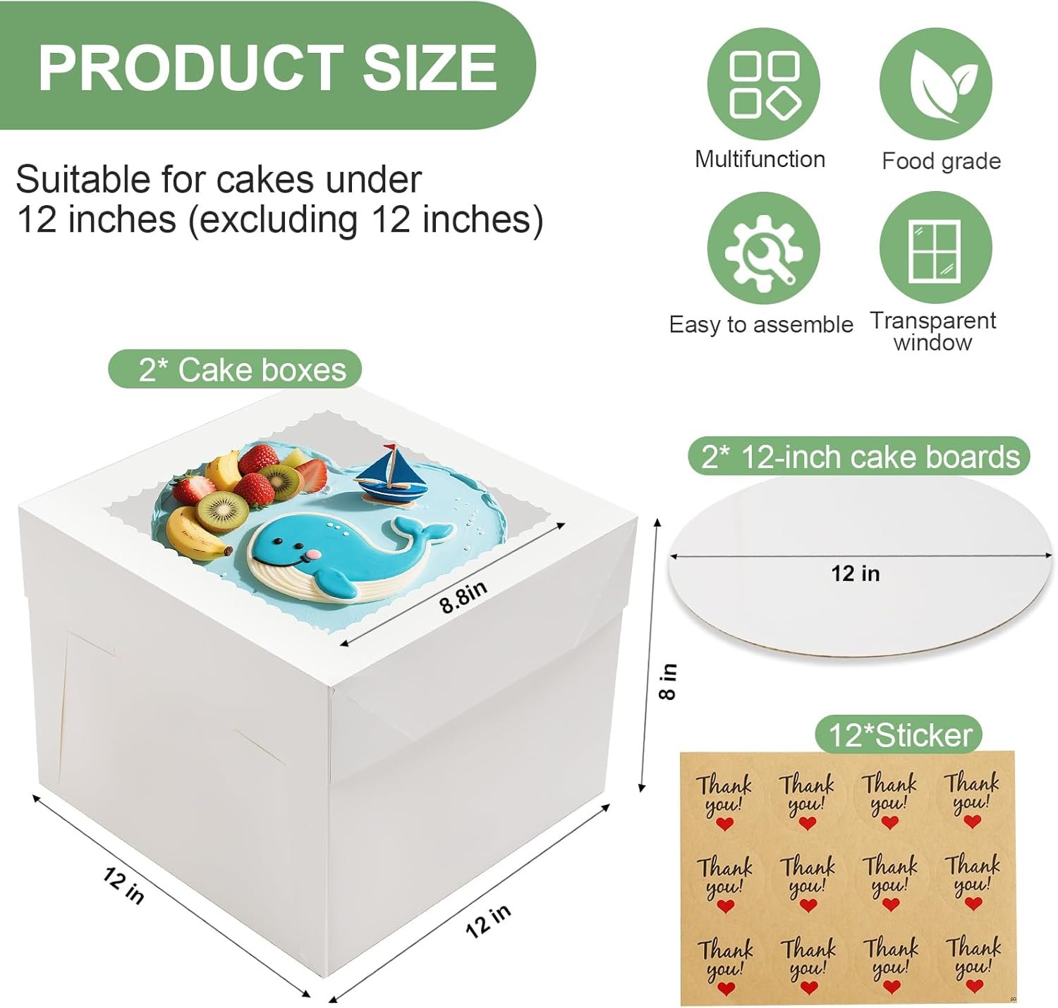 Produttore di Scatole per Torte Confezione da 2 12x12x8 Pollici con Basi Bianche e Grande Finestra Contenitori Monouso con Coperchi per Biscotti Crostate Matrimoni Compleanni con Logo Personalizzato Marchio Bianco