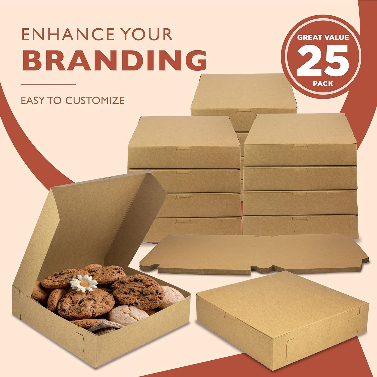 Fornitore Scatole Quadrate Kraft 10x10x2.5 Confezione da 25 per Torte Biscotti Cheesecake con Logo Personalizzato Marchio Bianco per Fragole al Cioccolato Dolci