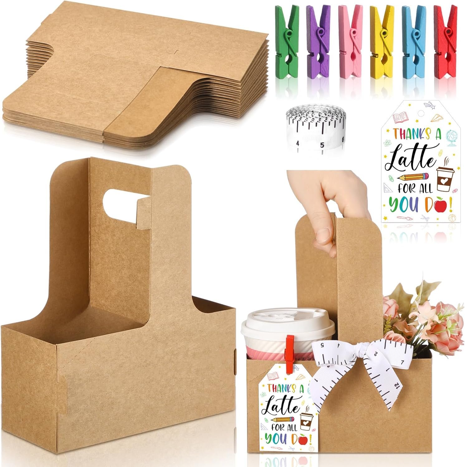 Logo Personalizzato Set da 18 Portatazza 2 Tazze con Maniglia in Cartone Kraft Clips ed Etichette Thanks a Latte Regali per Insegnanti dal Produttore Marchio Bianco