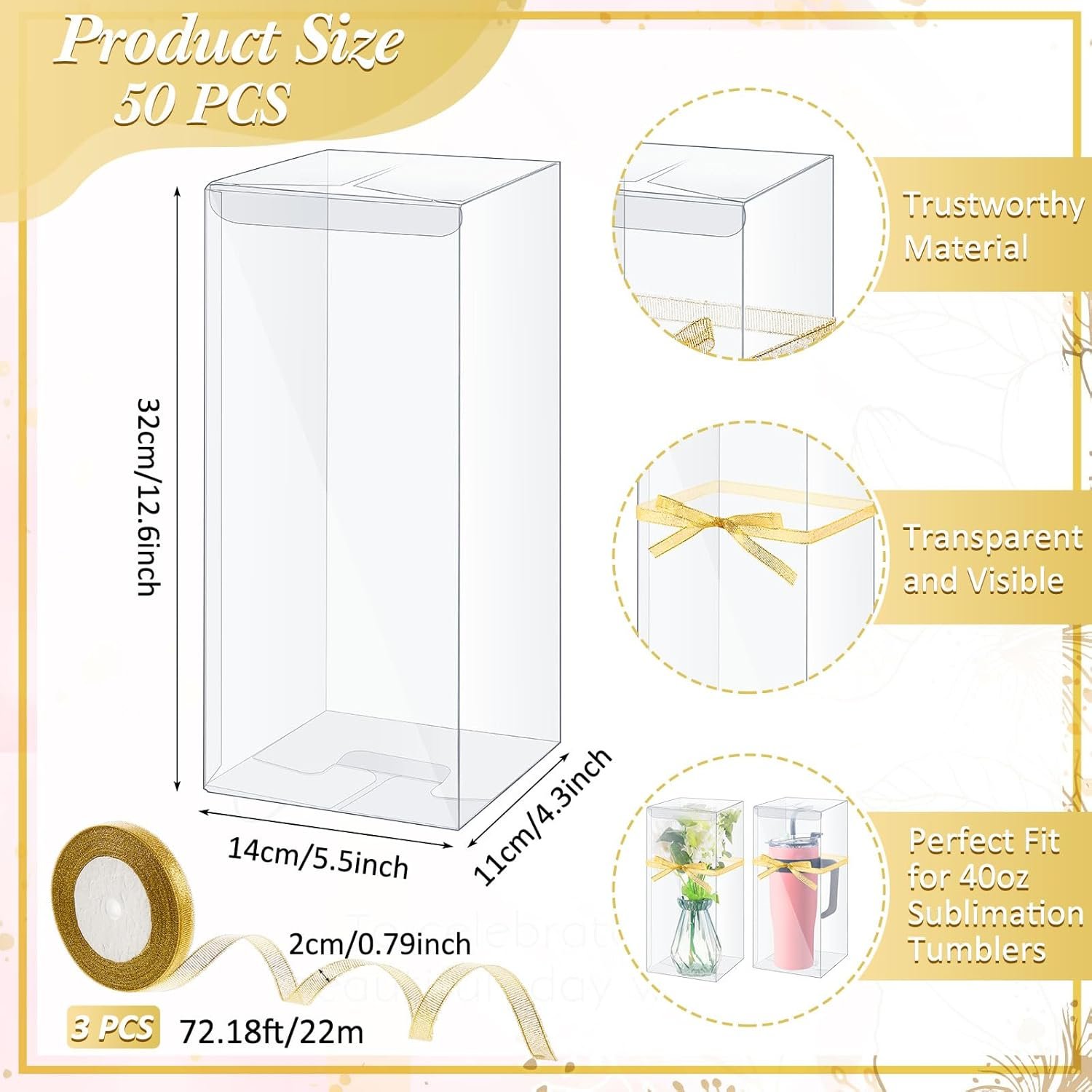 Produttore 50 Pezzi Scatole Regalo Trasparenti per Tumbler con Nastro Sublimazione con Logo Personalizzato Compatibili 11oz 12oz 15oz 20oz 30oz 40oz (12.6 x 5.5 x 4.3 Inch) Marchio Bianco