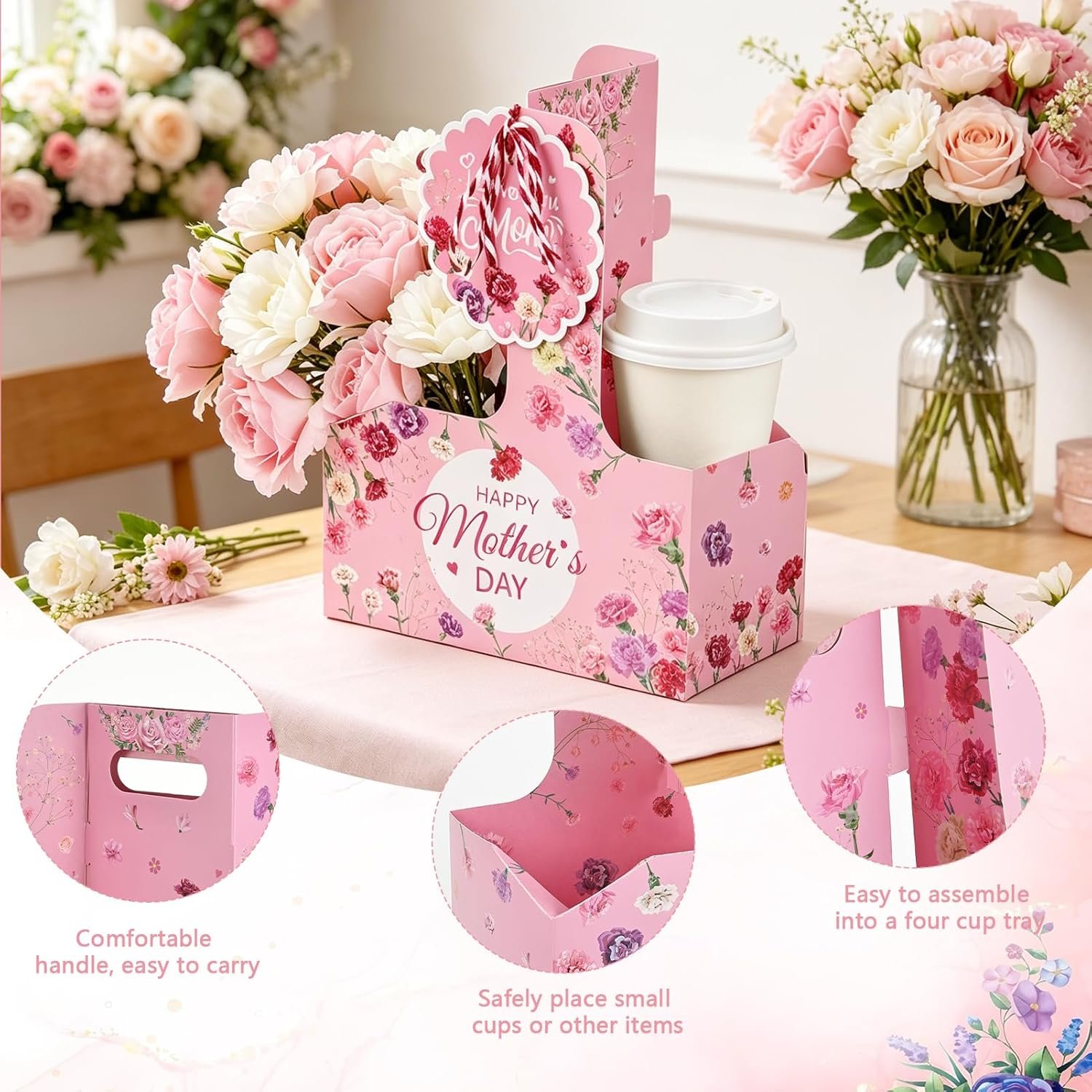 Produttore Portatazza da 2 Tazze 24 Pezzi con Logo Personalizzato e Maniglia a Etichetta in Cartone Monouso per Festa della Mamma Bevande Calde Fredde Caffè Marchio Bianco