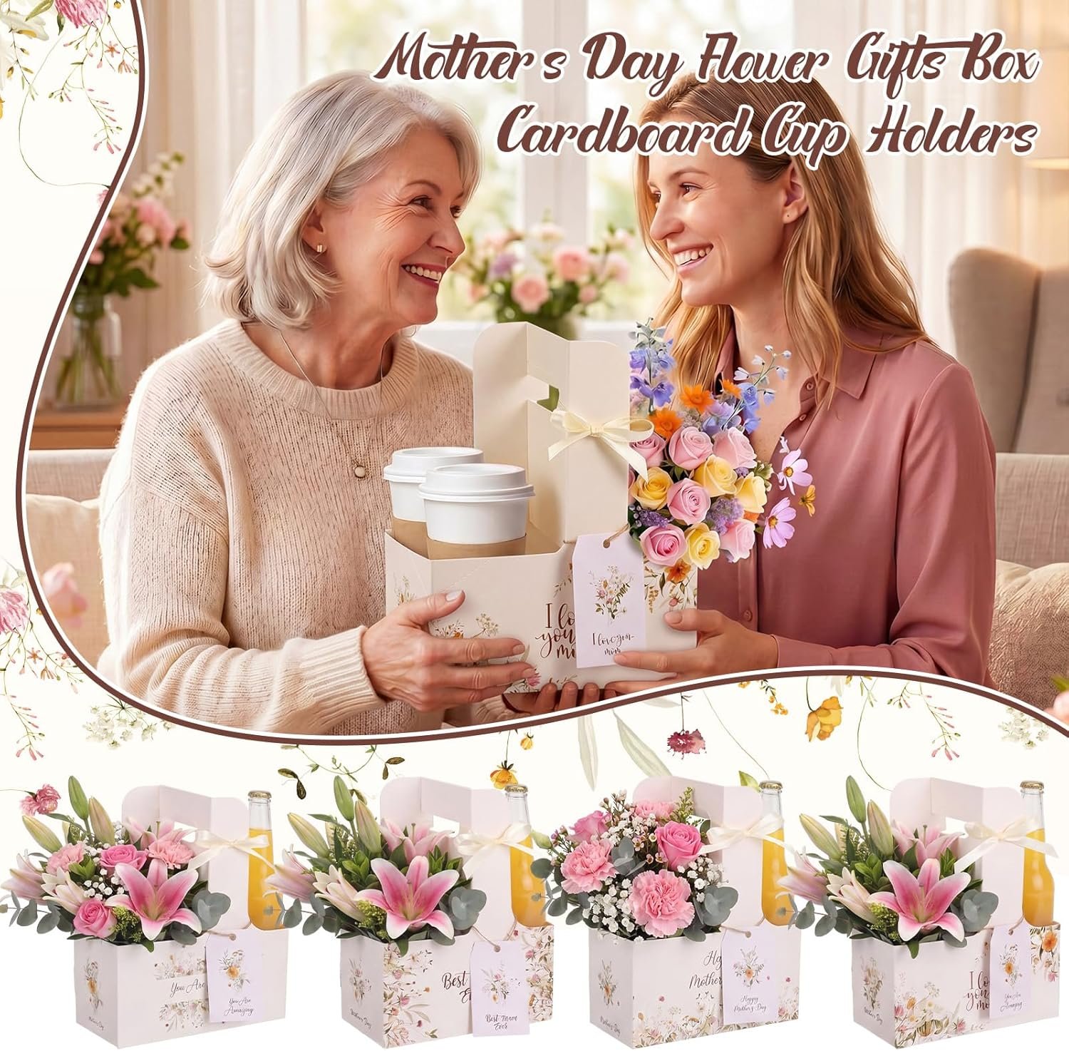 Logo Personalizzato 24 Set Portabevande per 2 Tazze con Maniglia per Festa della Mamma con Carte Floreali Rosa Nastro Fiore Portacaffè Regali Mamme Marchio Bianco dal Fornitore