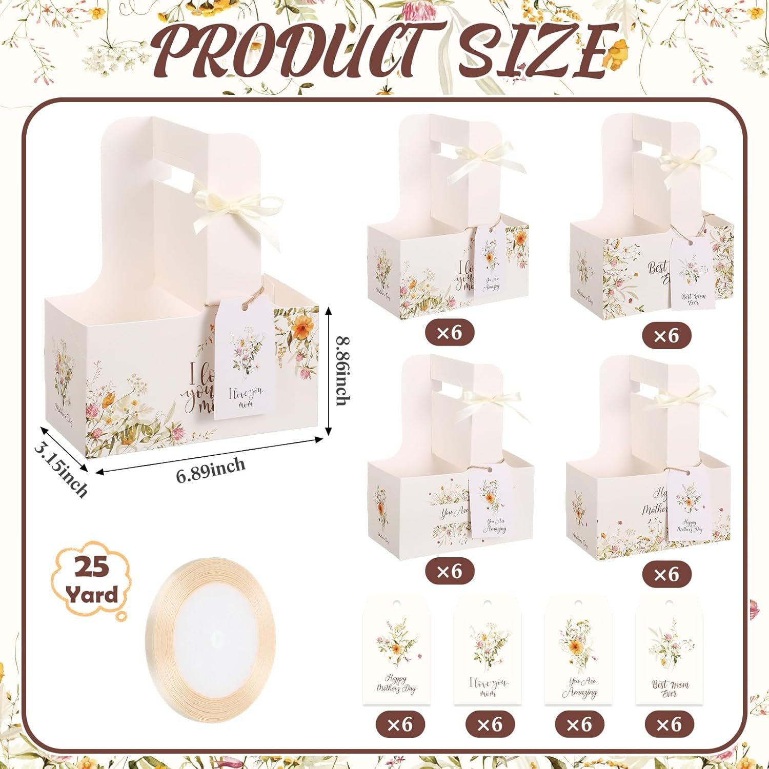 Logo Personalizzato 24 Set Portabevande per 2 Tazze con Maniglia per Festa della Mamma con Carte Floreali Rosa Nastro Fiore Portacaffè Regali Mamme Marchio Bianco dal Fornitore