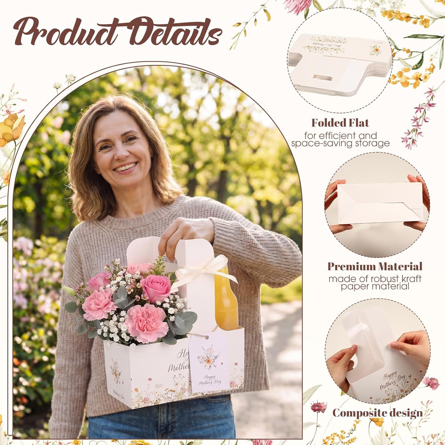 Logo Personalizzato 24 Set Portabevande per 2 Tazze con Maniglia per Festa della Mamma con Carte Floreali Rosa Nastro Fiore Portacaffè Regali Mamme Marchio Bianco dal Fornitore
