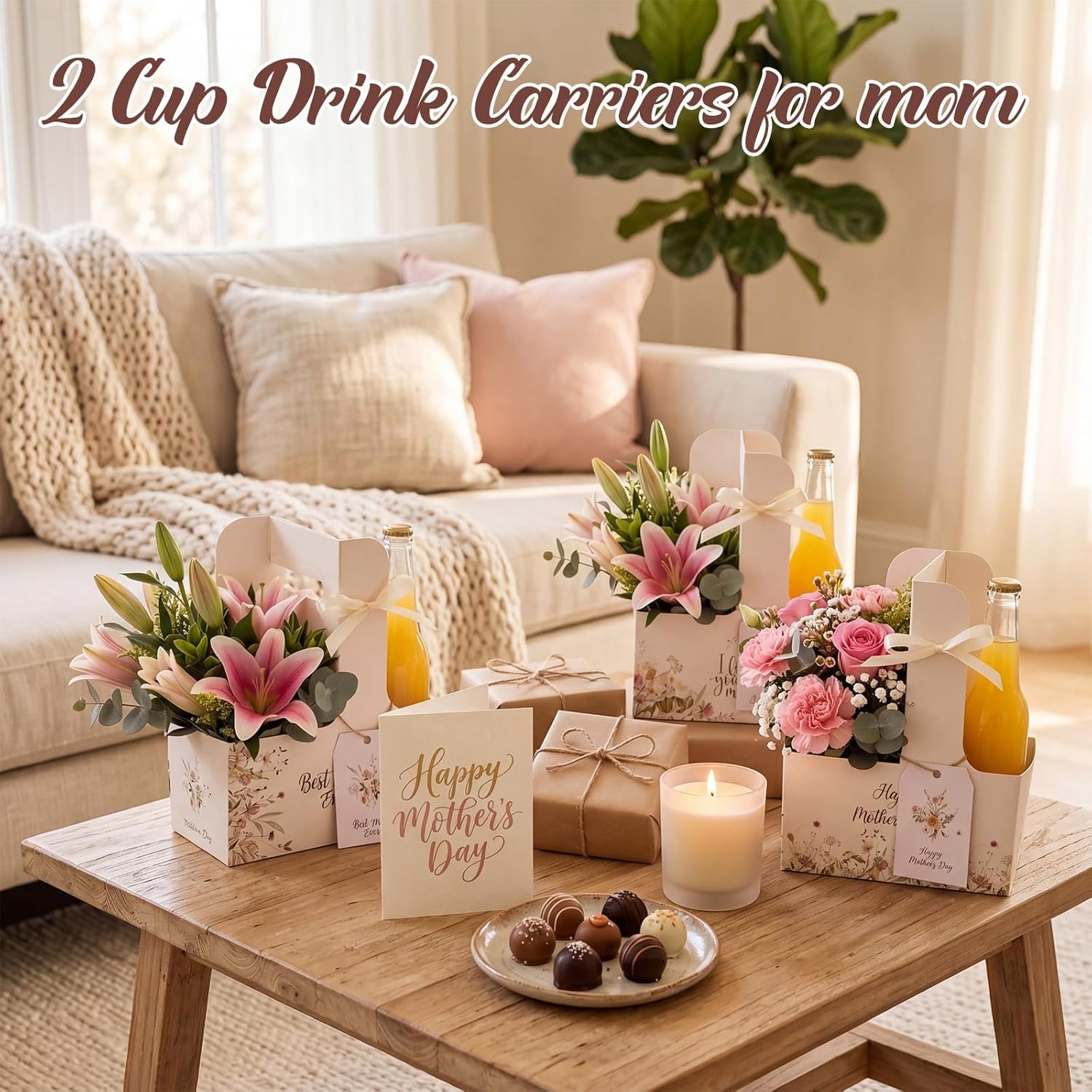 Logo Personalizzato 24 Set Portabevande per 2 Tazze con Maniglia per Festa della Mamma con Carte Floreali Rosa Nastro Fiore Portacaffè Regali Mamme Marchio Bianco dal Fornitore