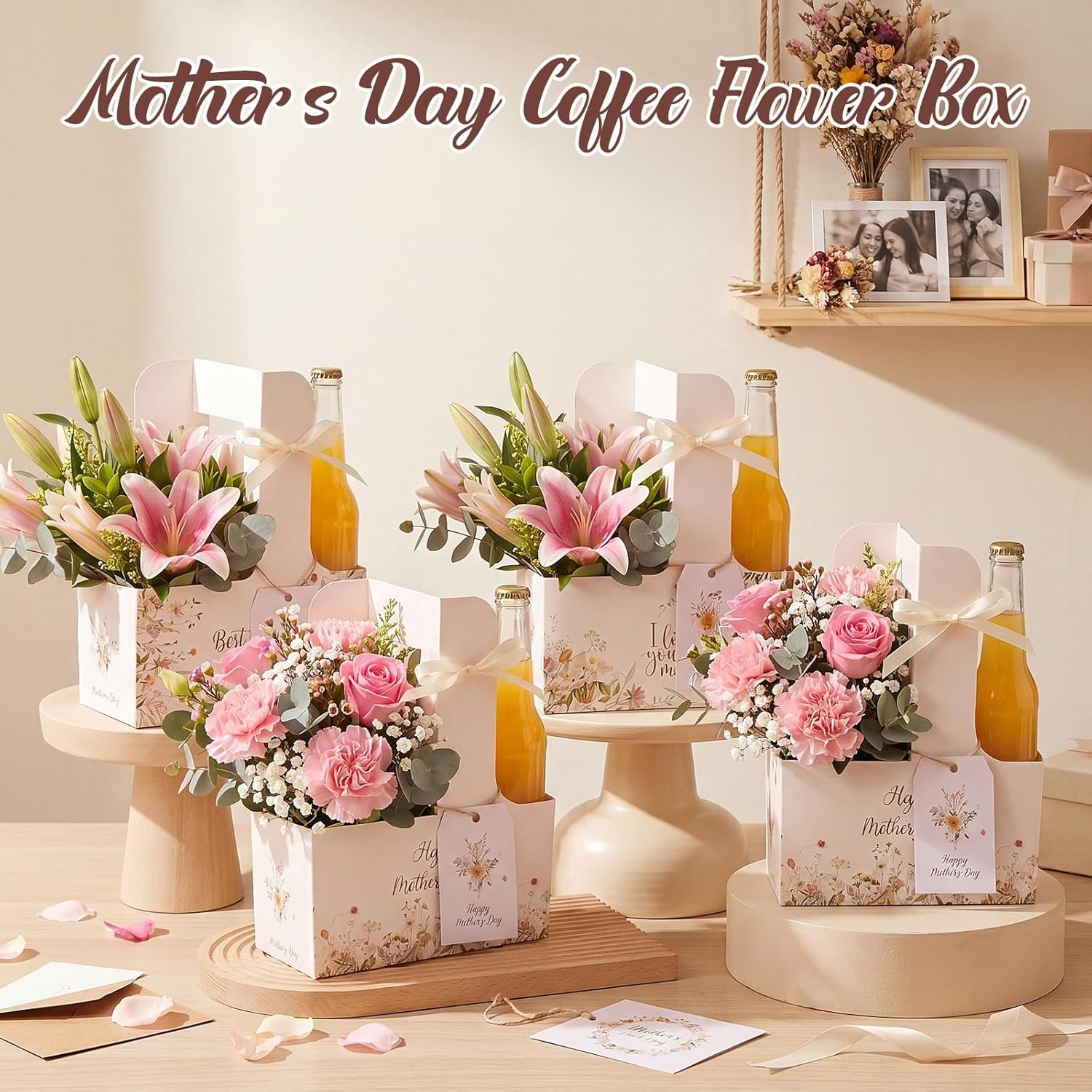 Logo Personalizzato 24 Set Portabevande per 2 Tazze con Maniglia per Festa della Mamma con Carte Floreali Rosa Nastro Fiore Portacaffè Regali Mamme Marchio Bianco dal Fornitore