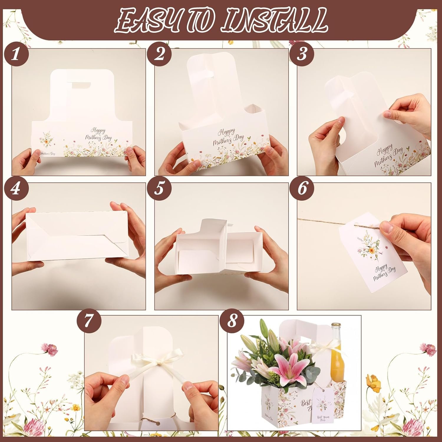 Logo Personalizzato 24 Set Portabevande per 2 Tazze con Maniglia per Festa della Mamma con Carte Floreali Rosa Nastro Fiore Portacaffè Regali Mamme Marchio Bianco dal Fornitore