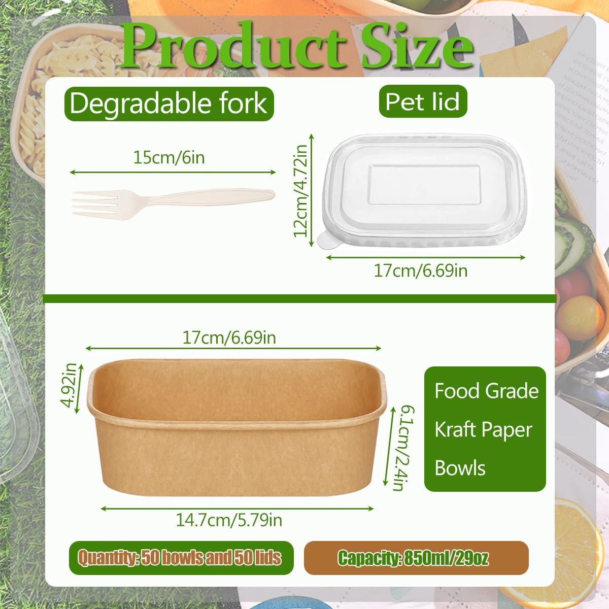 Marchio Bianco Confezione da 50 Contenitori Monouso da 29 oz per Preparazione Pasti con Coperchi e Forchette Ciotole Carta Kraft Asporto Microonde Freezer Safe per Cibi Caldi Freddi Insalate con Logo Personalizzato Fornitore Diretto