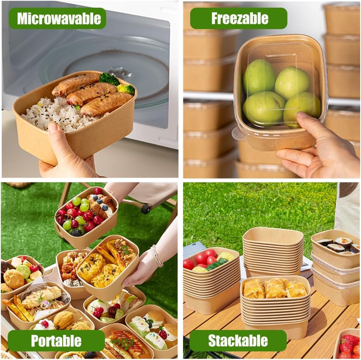 Marchio Bianco Confezione da 50 Contenitori Monouso da 29 oz per Preparazione Pasti con Coperchi e Forchette Ciotole Carta Kraft Asporto Microonde Freezer Safe per Cibi Caldi Freddi Insalate con Logo Personalizzato Fornitore Diretto