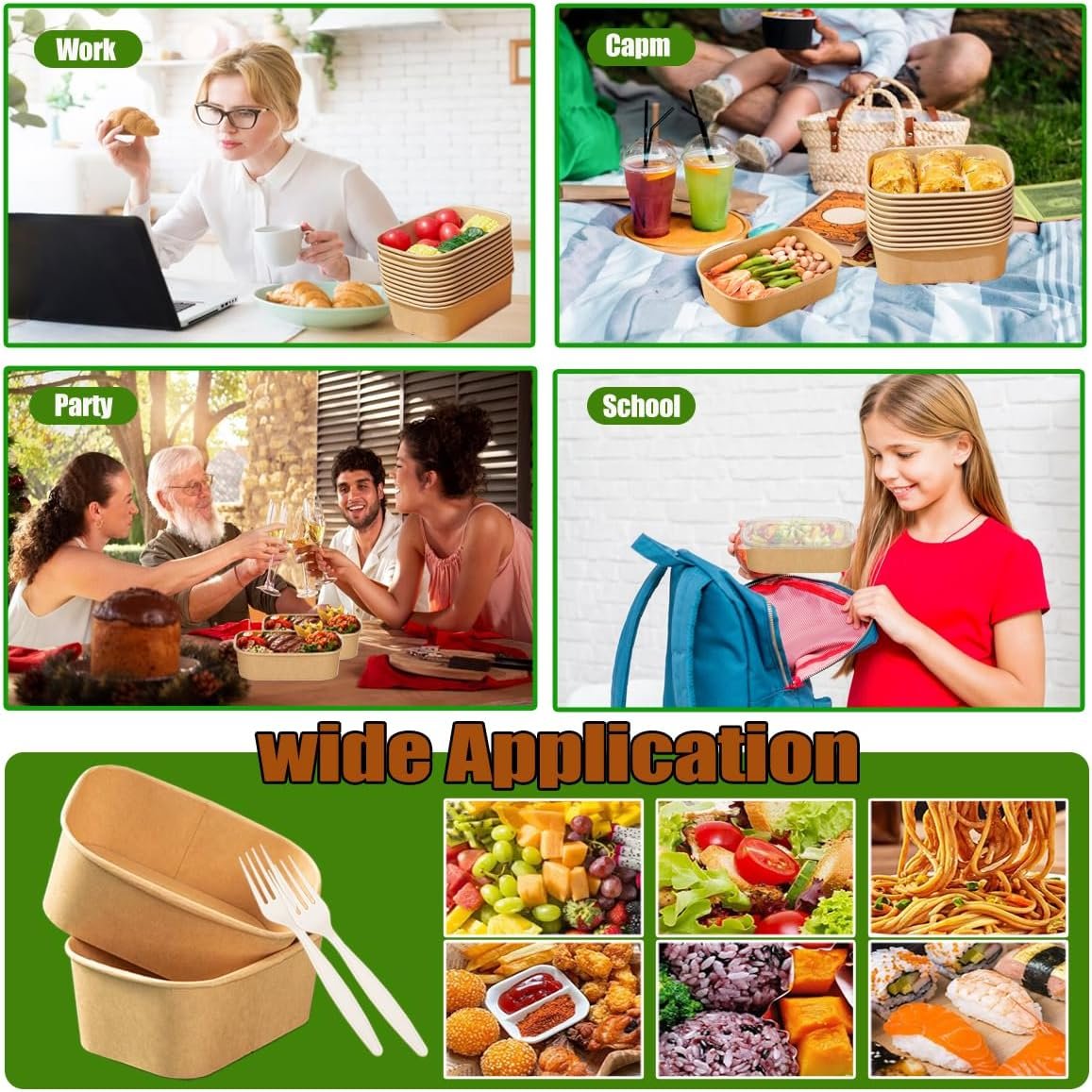 Marchio Bianco Confezione da 50 Contenitori Monouso da 29 oz per Preparazione Pasti con Coperchi e Forchette Ciotole Carta Kraft Asporto Microonde Freezer Safe per Cibi Caldi Freddi Insalate con Logo Personalizzato Fornitore Diretto