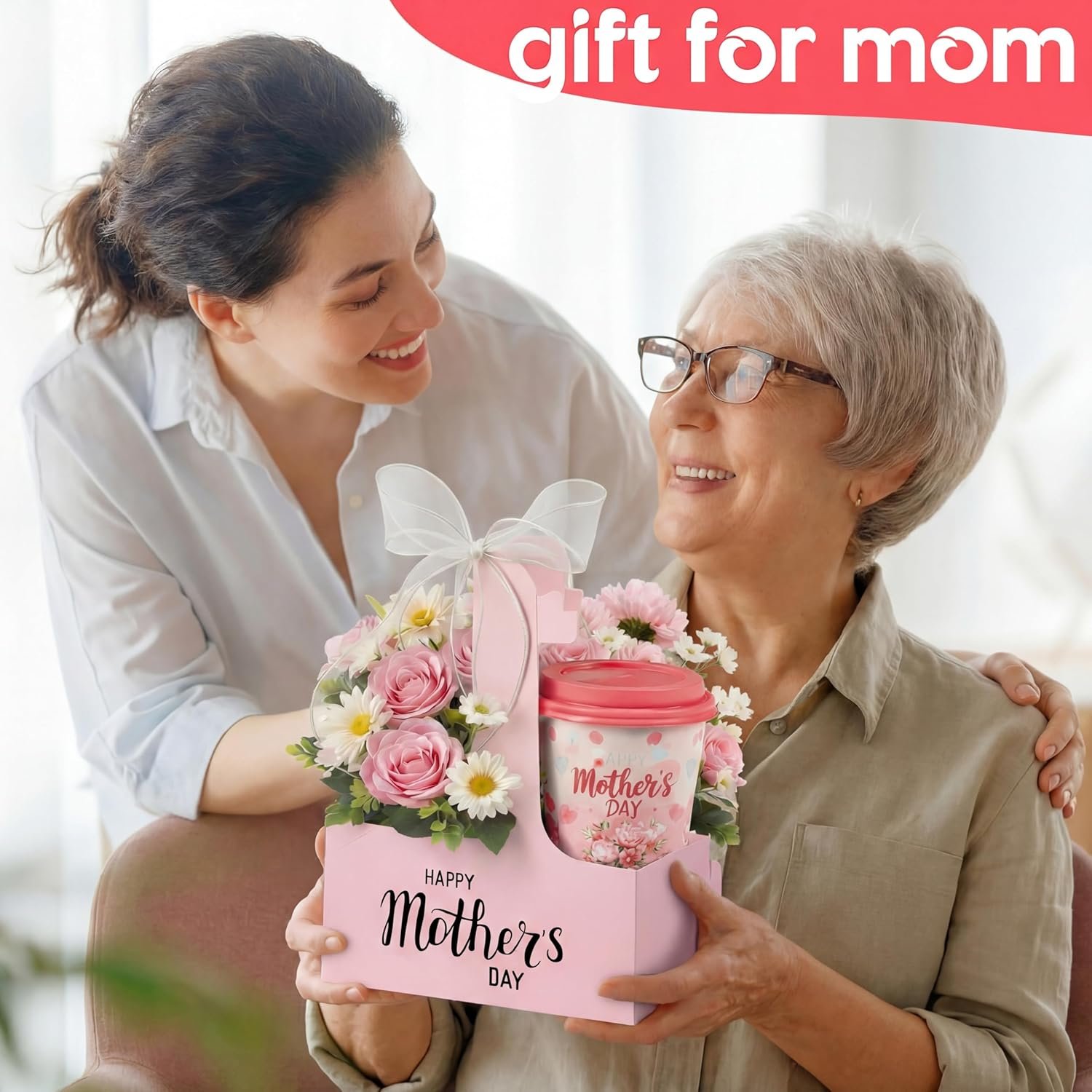 Marchio Bianco Confezione da 24 Portatazza per 2 Bicchieri con Maniglia e Fiocco per Festa della Mamma Cartone Monouso per Bevande Calde Fredde Asporto Caffè Delivery dal Produttore con Logo Personalizzato