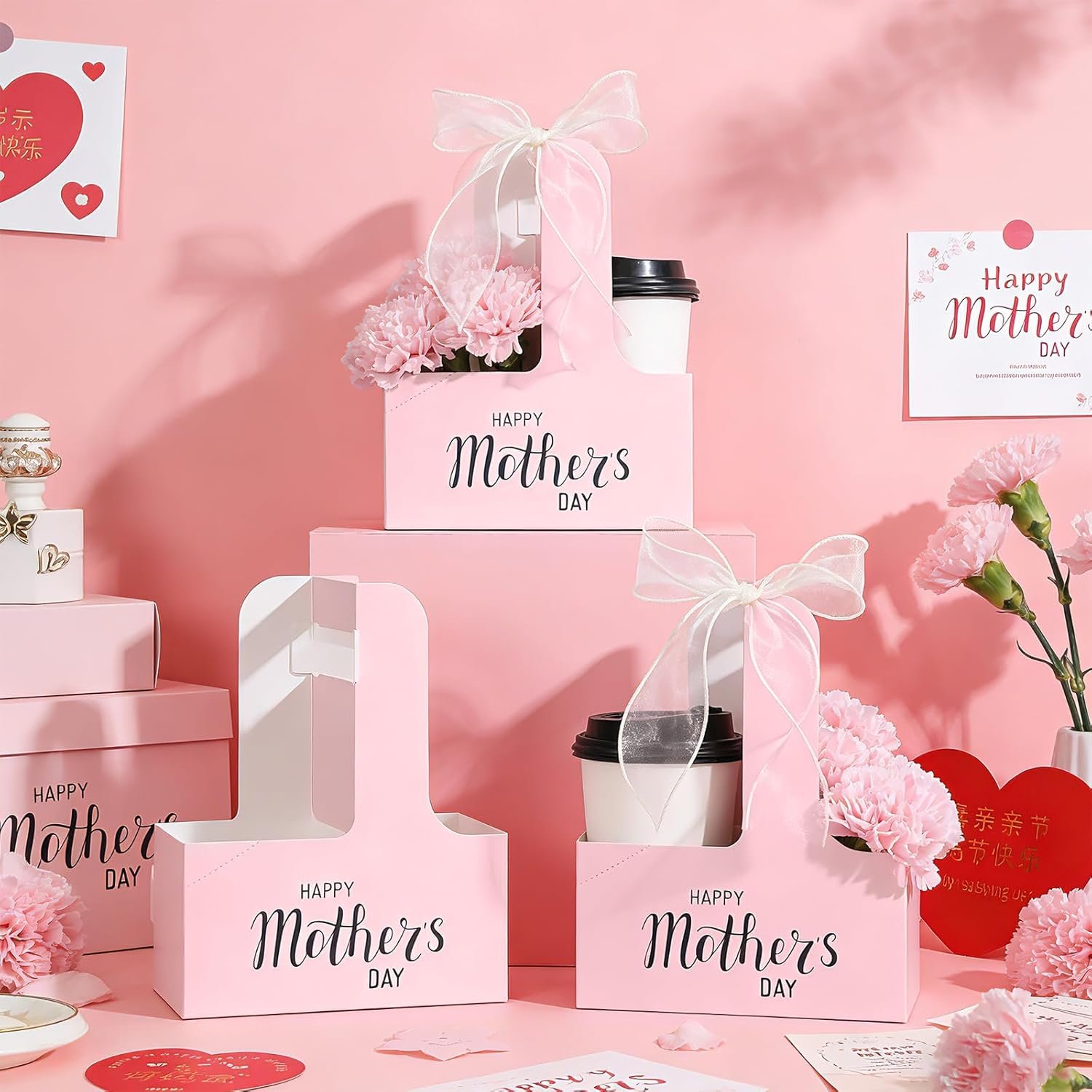 Marchio Bianco Confezione da 24 Portatazza per 2 Bicchieri con Maniglia e Fiocco per Festa della Mamma Cartone Monouso per Bevande Calde Fredde Asporto Caffè Delivery dal Produttore con Logo Personalizzato