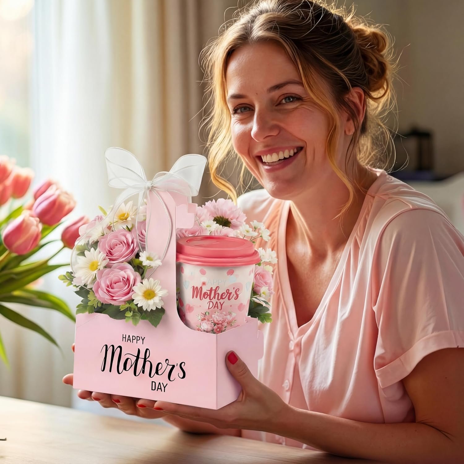 Marchio Bianco Confezione da 24 Portatazza per 2 Bicchieri con Maniglia e Fiocco per Festa della Mamma Cartone Monouso per Bevande Calde Fredde Asporto Caffè Delivery dal Produttore con Logo Personalizzato
