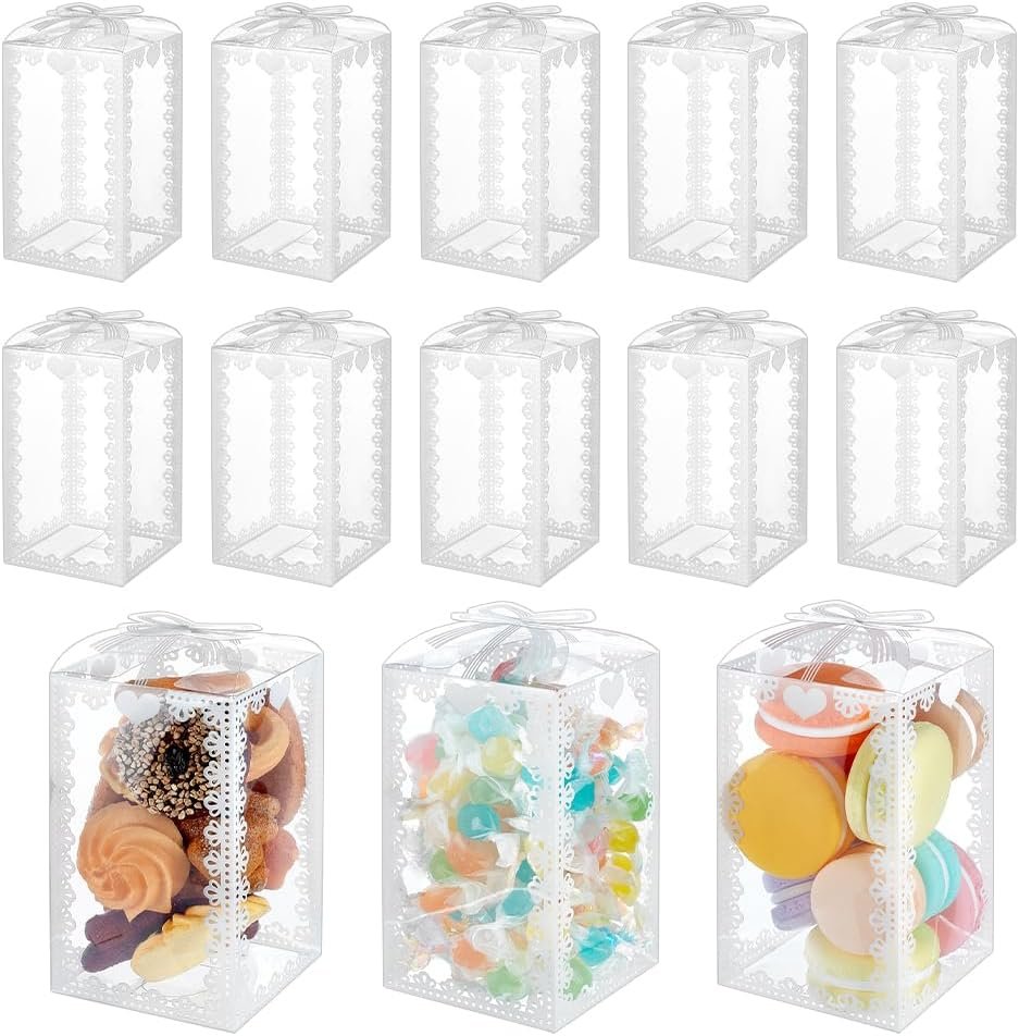 Produttore Scatole Regalo Trasparenti con Logo Personalizzato 60 pz 4,7x2,75x2,75 PVC con Fiocco e Pizzo Bianco per Caramelle Cioccolato Favori Matrimonio San Valentino Marchio Bianco