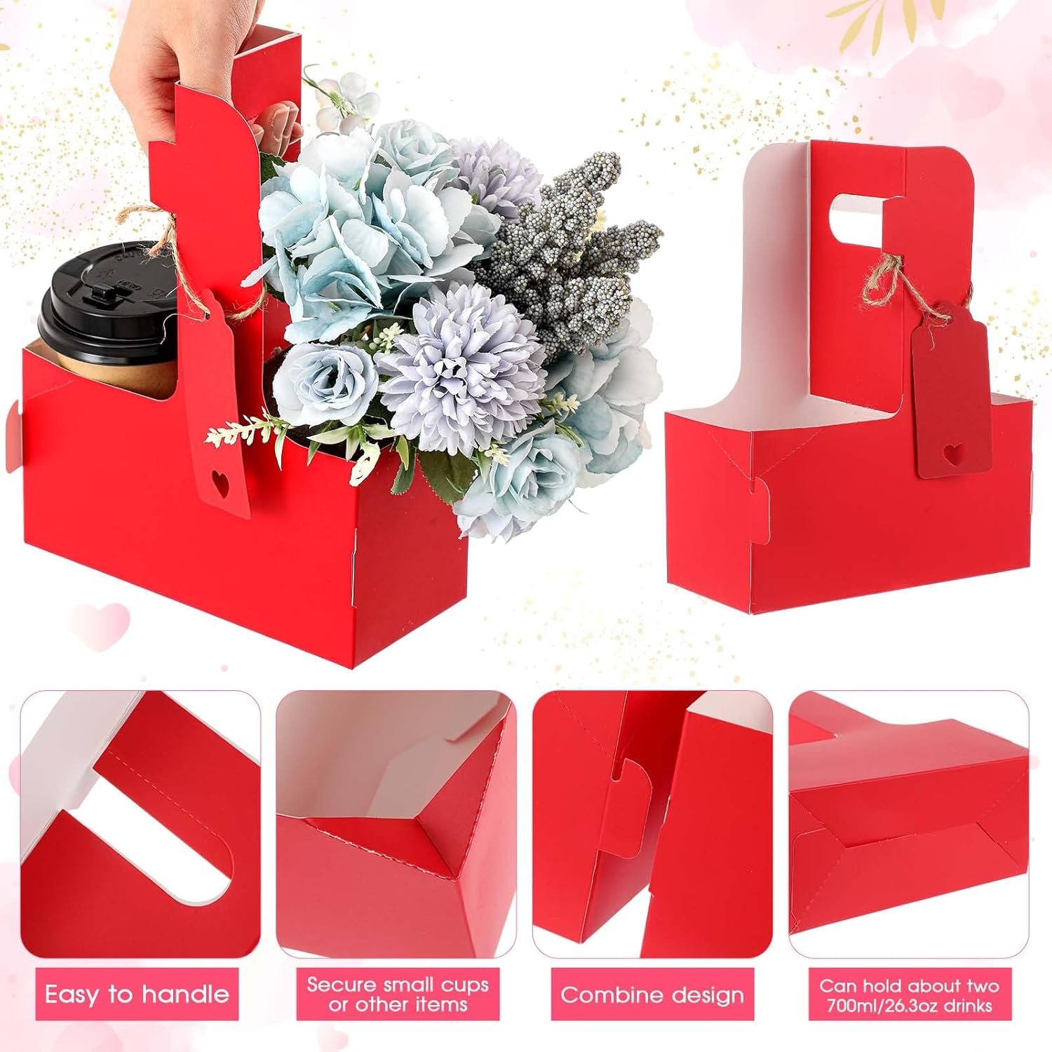 Logo Personalizzato Confezione da 150 Portabevande per 2 Tazze Festa della Mamma con Maniglia Cartone Kraft Portatazza Insegnanti Portatile Bevande Calde Fredde Marchio Bianco Regalo Portacaffè Cartolina Cuore Cordino Rosso Rosa Fornitore