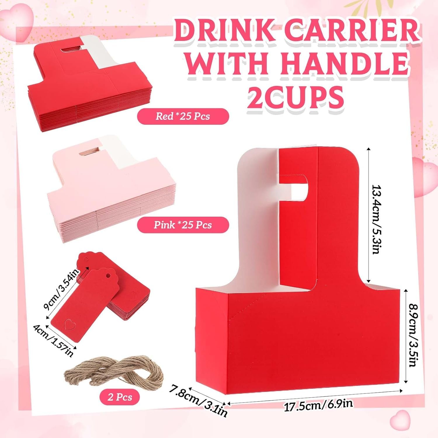 Logo Personalizzato Confezione da 150 Portabevande per 2 Tazze Festa della Mamma con Maniglia Cartone Kraft Portatazza Insegnanti Portatile Bevande Calde Fredde Marchio Bianco Regalo Portacaffè Cartolina Cuore Cordino Rosso Rosa Fornitore