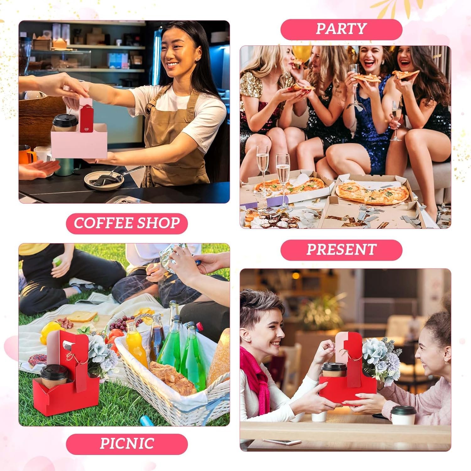 Logo Personalizzato Confezione da 150 Portabevande per 2 Tazze Festa della Mamma con Maniglia Cartone Kraft Portatazza Insegnanti Portatile Bevande Calde Fredde Marchio Bianco Regalo Portacaffè Cartolina Cuore Cordino Rosso Rosa Fornitore