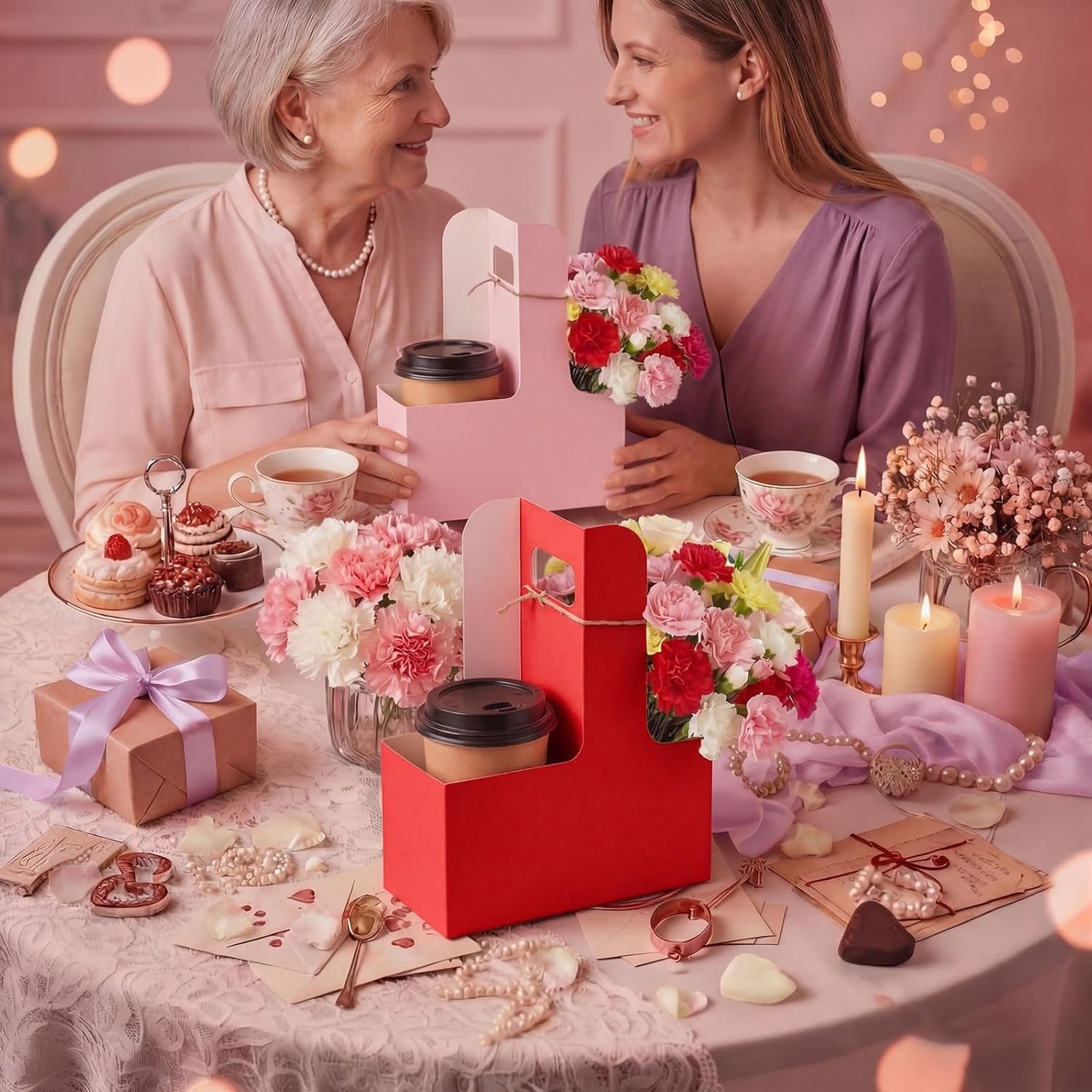 Logo Personalizzato Confezione da 150 Portabevande per 2 Tazze Festa della Mamma con Maniglia Cartone Kraft Portatazza Insegnanti Portatile Bevande Calde Fredde Marchio Bianco Regalo Portacaffè Cartolina Cuore Cordino Rosso Rosa Fornitore