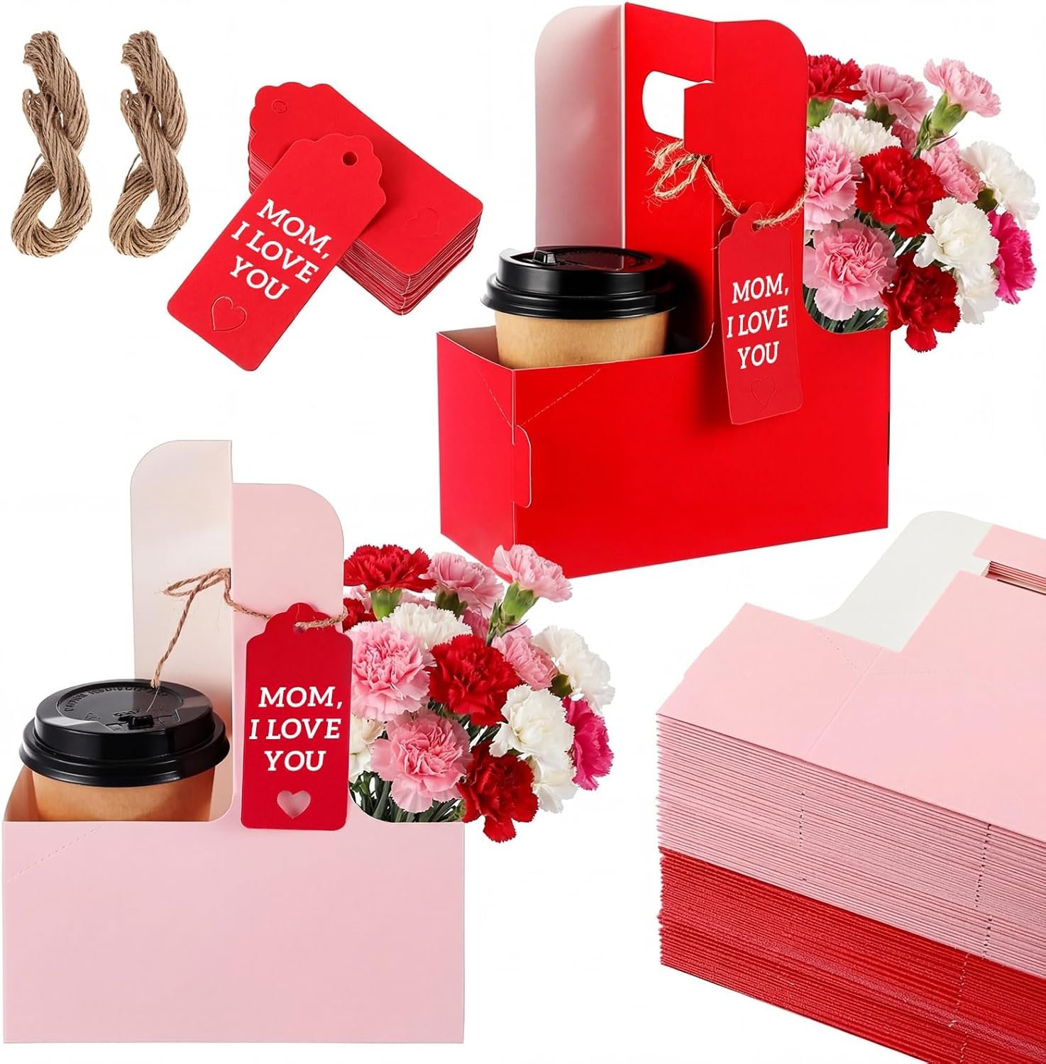Logo Personalizzato Confezione da 150 Portabevande per 2 Tazze Festa della Mamma con Maniglia Cartone Kraft Portatazza Insegnanti Portatile Bevande Calde Fredde Marchio Bianco Regalo Portacaffè Cartolina Cuore Cordino Rosso Rosa Fornitore