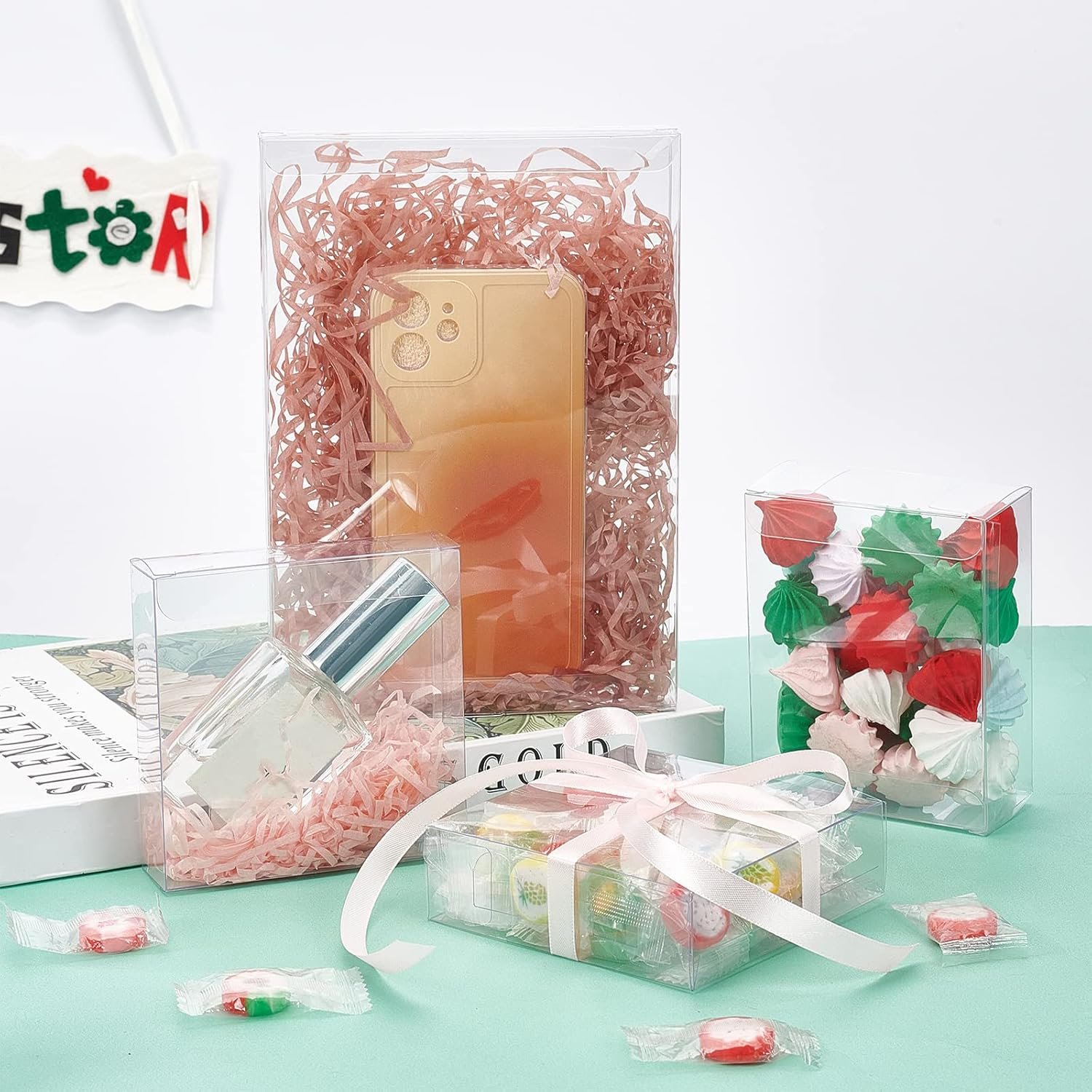 Produttore 30 Scatole Trasparenti PVC Rettangolari 4.2x3.3x1.5 pollici per Bomboniere Matrimonio Caramelle Cioccolato Feste con Logo Personalizzato Marchio Bianco