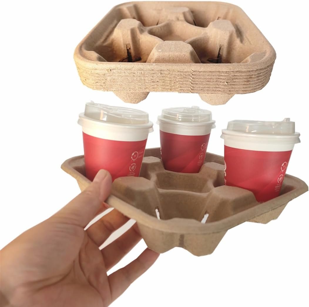 Logo Personalizzato Vassoi Portabevande Monouso per 4 Bicchieri Biodegradabili in Fibra di Polpa Compostabili Anti-Sversamento per Bevande Calde Fredde Marchio Bianco per Auto Consegne Cibo Ristoranti Caffè dal Fornitore (36 Pezzi)