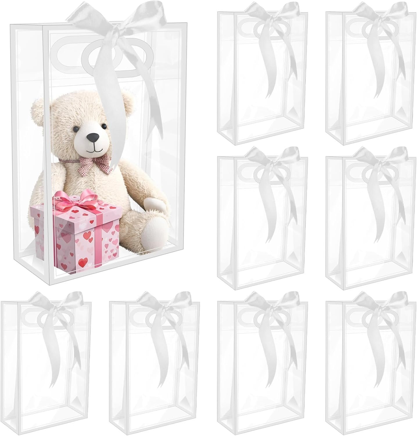 Logo Personalizzato Buste Regalo Trasparenti con Manici 10 pz 7"x10"x3.2" Riutilizzabili con Nastro da Produttore per Festa Prenuziale Baby Shower Nozze Festa della Mamma Marchio Bianco