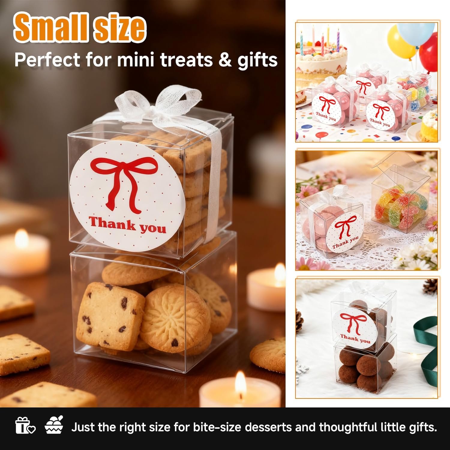 Marchio Bianco - Confezione da 50 Scatoline Trasparenti 2x2x2 con Fiocchi e Adesivi Grazie, Logo Personalizzato per Macarons Dolci Caramelle, Fornitore Bomboniere Matrimonio Baby Shower Compleanno