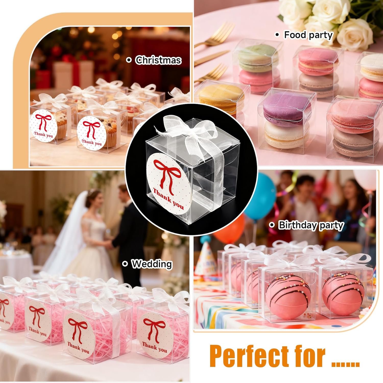Marchio Bianco - Confezione da 50 Scatoline Trasparenti 2x2x2 con Fiocchi e Adesivi Grazie, Logo Personalizzato per Macarons Dolci Caramelle, Fornitore Bomboniere Matrimonio Baby Shower Compleanno