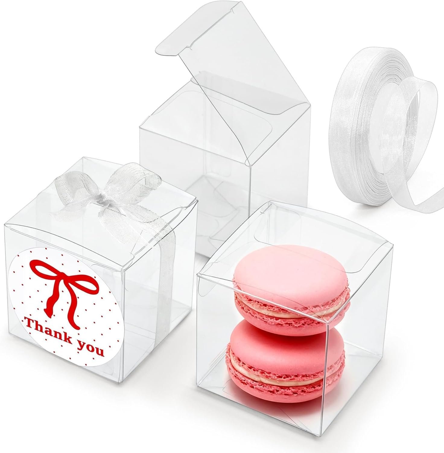 Marchio Bianco - Confezione da 50 Scatoline Trasparenti 2x2x2 con Fiocchi e Adesivi Grazie, Logo Personalizzato per Macarons Dolci Caramelle, Fornitore Bomboniere Matrimonio Baby Shower Compleanno