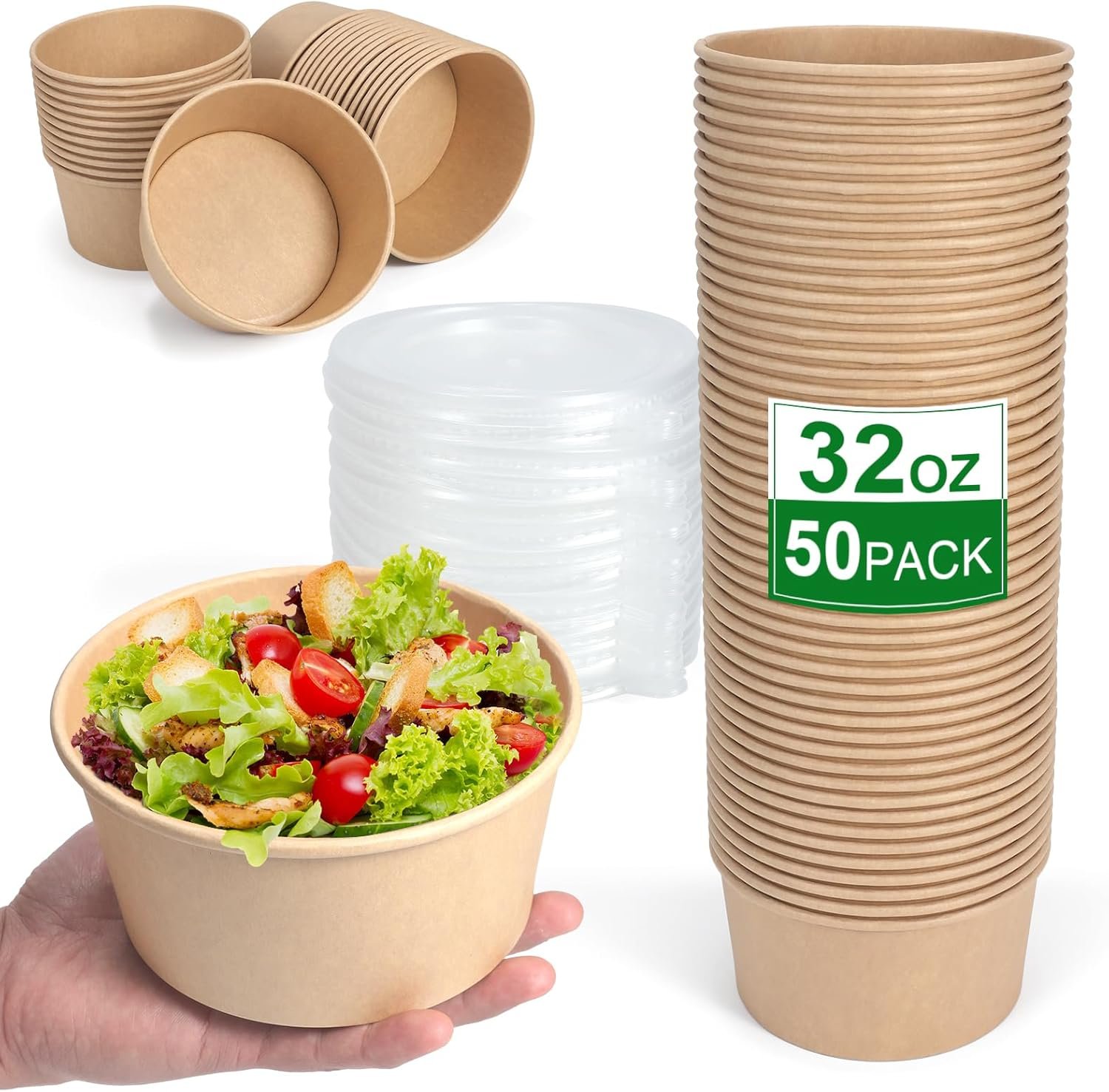 Fornitore di Ciotole Monouso Carta 32 Oz con Coperchi per Zuppe Insalate Meal Prep con Logo Personalizzato Marchio Bianco 50 Pezzi