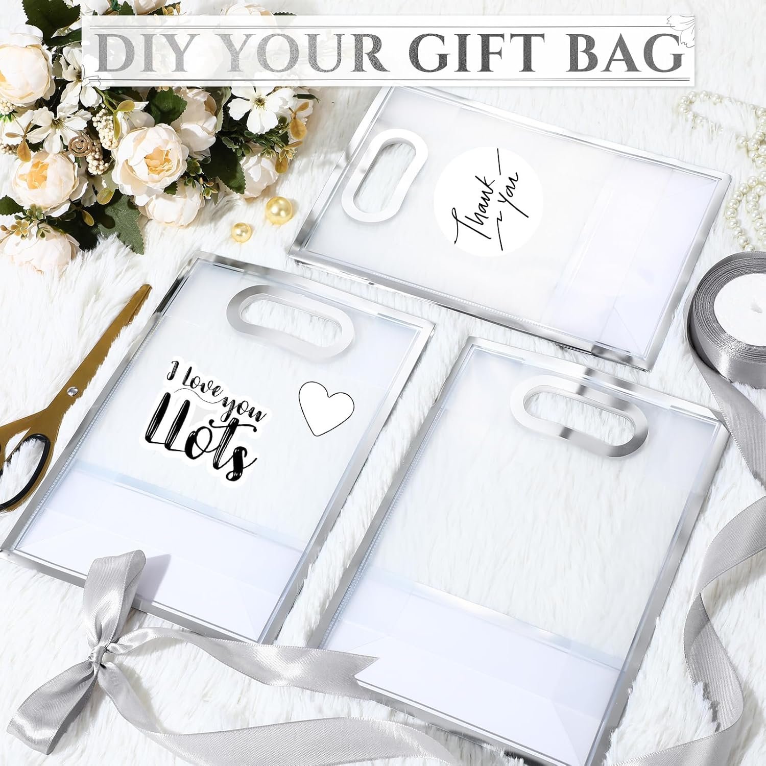 Logo Personalizzato Sacchetti Regalo Trasparenti Plastica 12 Pz Manici Die Cut Riutilizzabili PP con Nastro per Autunno Halloween Matrimonio Compleanno Baby Shower Festa dal Fornitore Marchio Bianco Lamina Argento