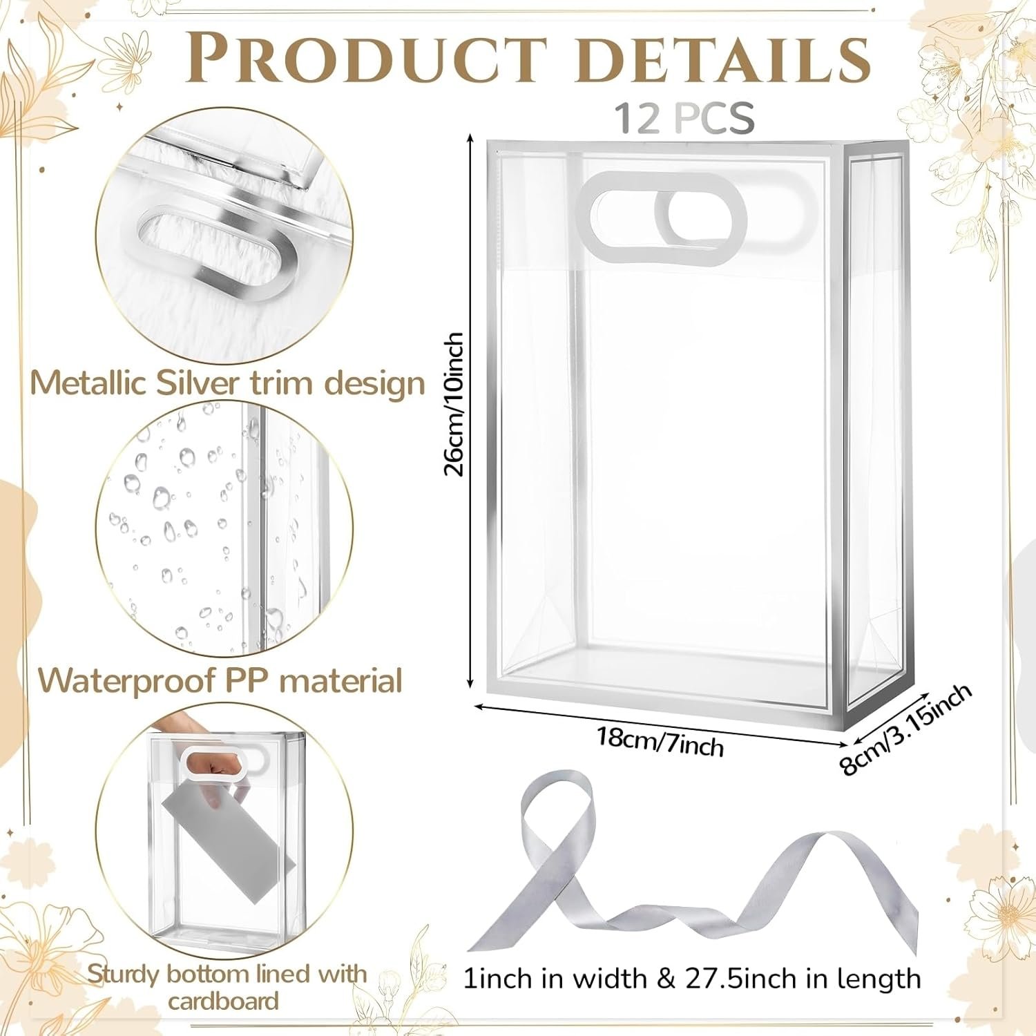 Logo Personalizzato Sacchetti Regalo Trasparenti Plastica 12 Pz Manici Die Cut Riutilizzabili PP con Nastro per Autunno Halloween Matrimonio Compleanno Baby Shower Festa dal Fornitore Marchio Bianco Lamina Argento