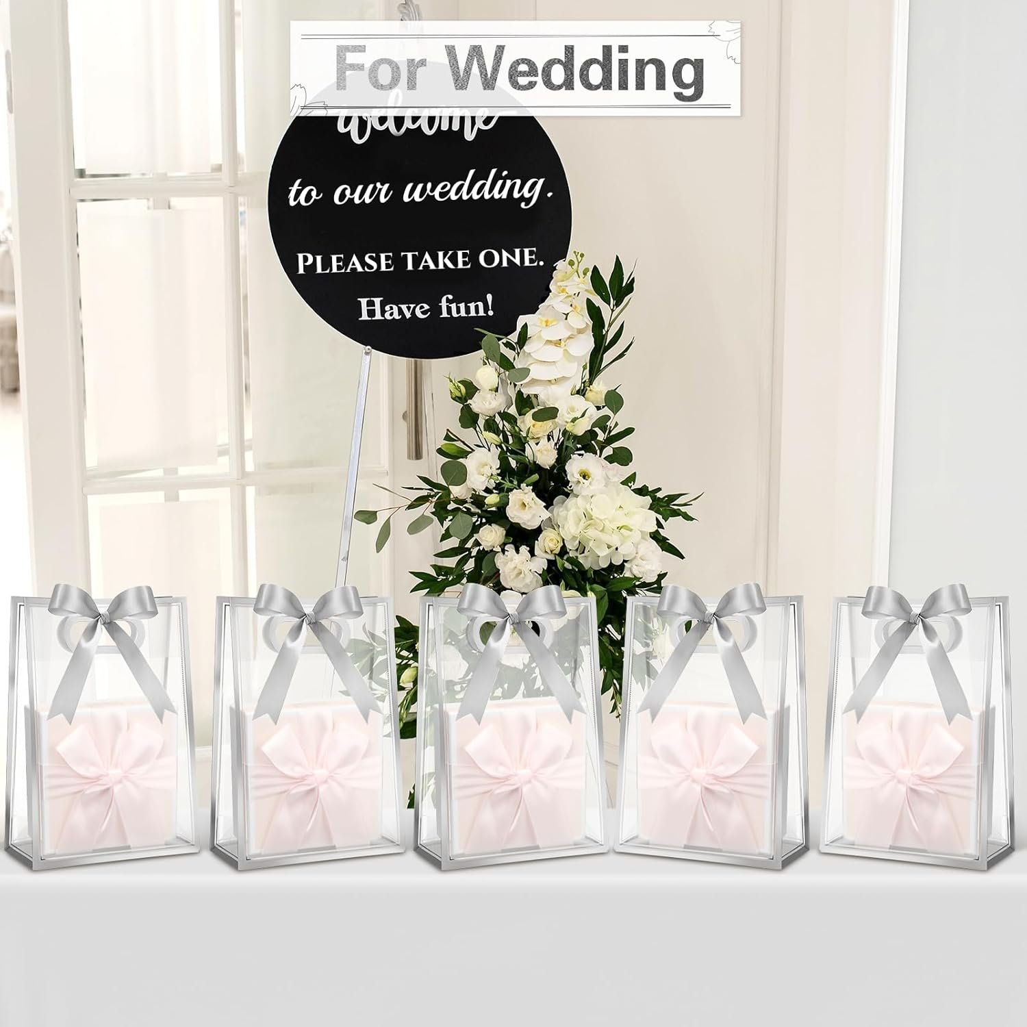 Logo Personalizzato Sacchetti Regalo Trasparenti Plastica 12 Pz Manici Die Cut Riutilizzabili PP con Nastro per Autunno Halloween Matrimonio Compleanno Baby Shower Festa dal Fornitore Marchio Bianco Lamina Argento