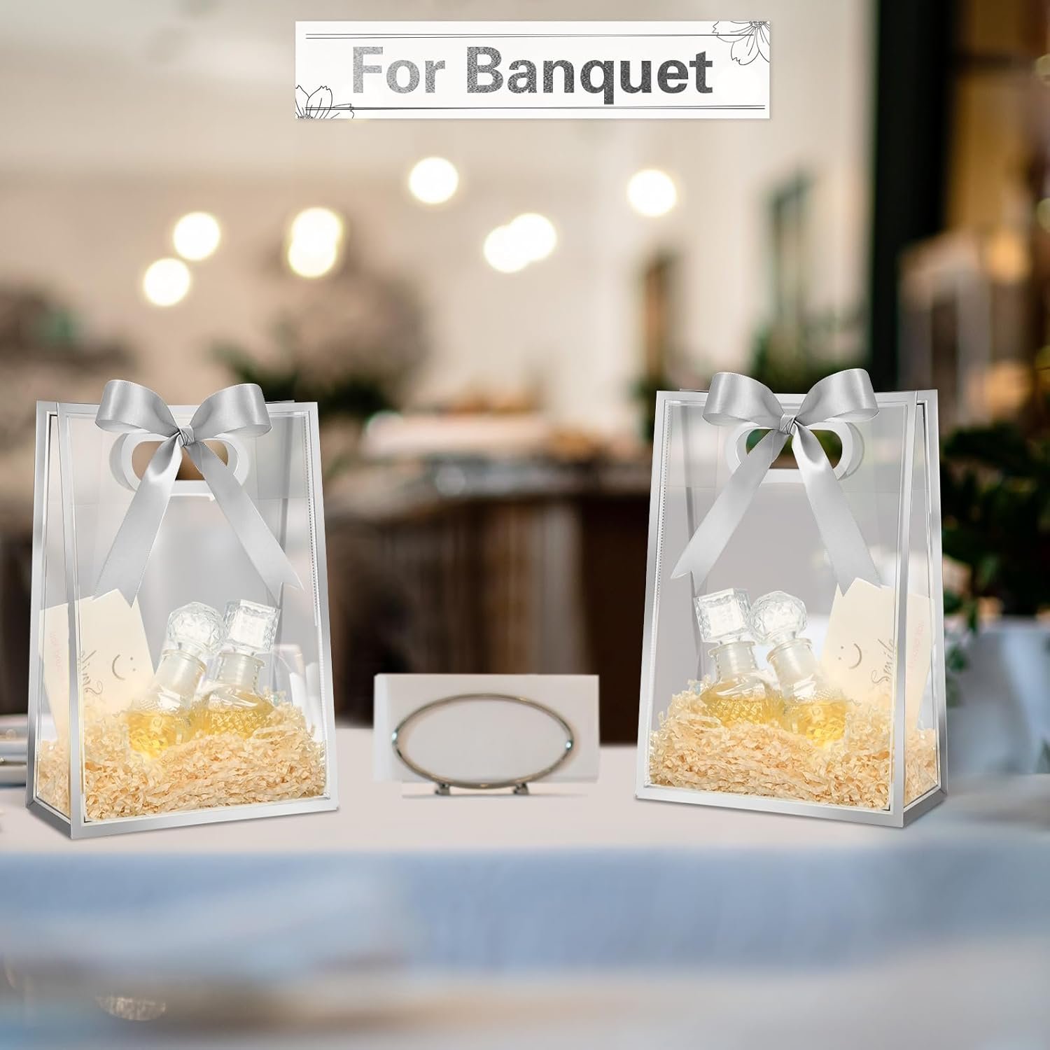 Logo Personalizzato Sacchetti Regalo Trasparenti Plastica 12 Pz Manici Die Cut Riutilizzabili PP con Nastro per Autunno Halloween Matrimonio Compleanno Baby Shower Festa dal Fornitore Marchio Bianco Lamina Argento
