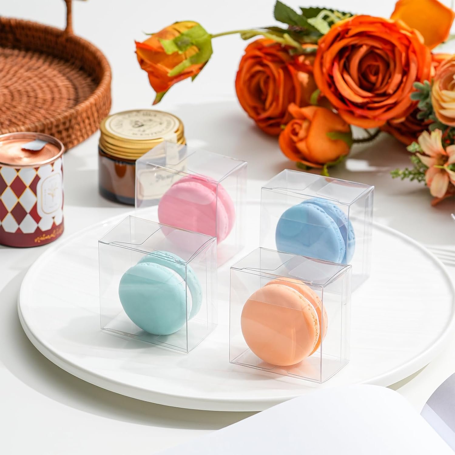 Logo Personalizzato Confezione da 50 Scatole Trasparenti per Singolo Macaron PET Mini 5,4 x 5,4 x 3,4 cm dal Fornitore per Pasticceria Matrimoni Feste Marchio Bianco