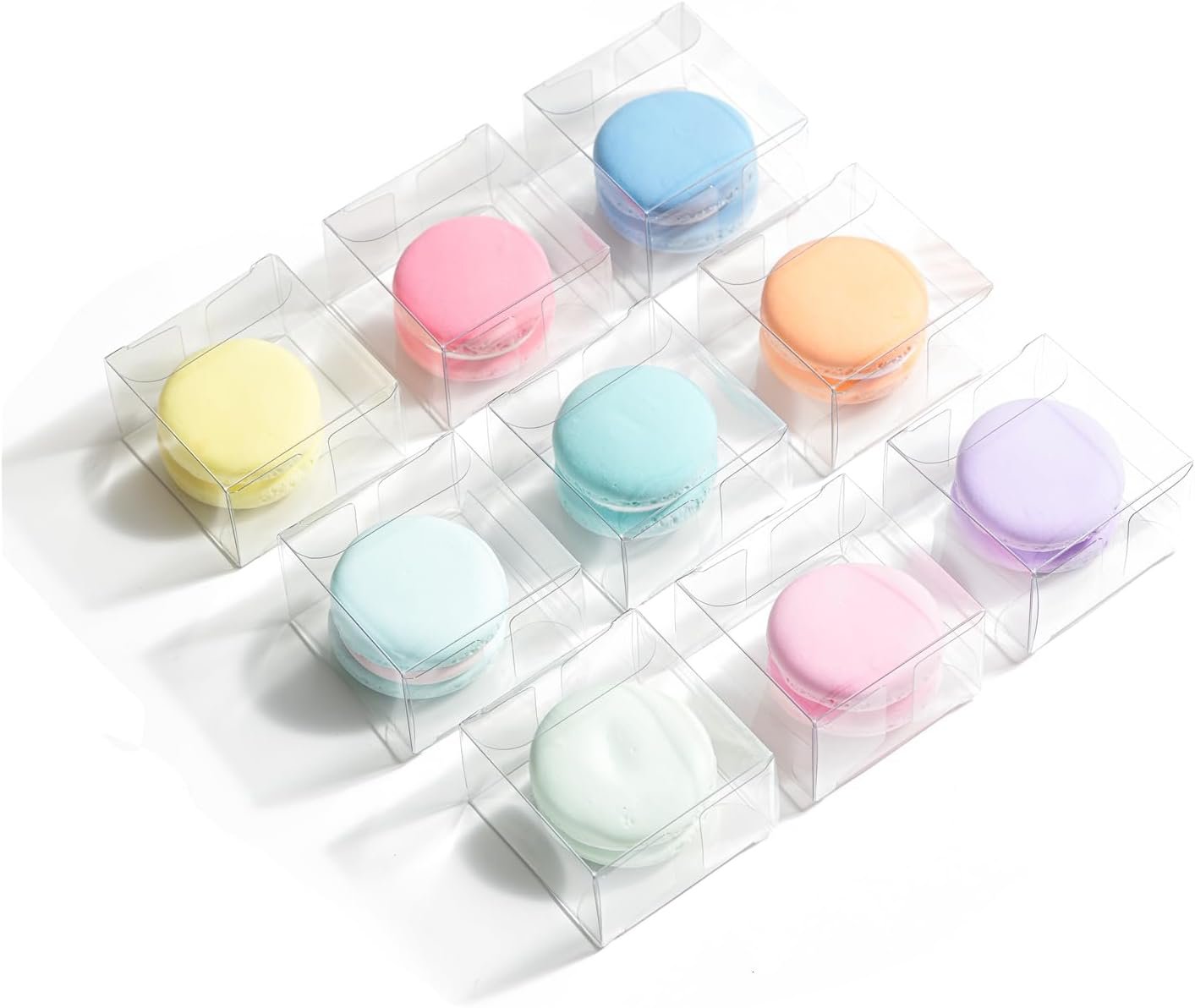 Logo Personalizzato Confezione da 50 Scatole Trasparenti per Singolo Macaron PET Mini 5,4 x 5,4 x 3,4 cm dal Fornitore per Pasticceria Matrimoni Feste Marchio Bianco