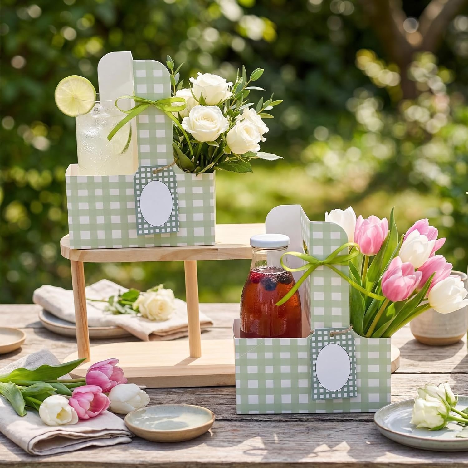 Logo Personalizzato 24 Set Portabevande per 2 Bicchieri con Manici Gingham Fiori Carte Marchio Bianco per Festa della Mamma Nozze Compleanni Produttore Verde Logo Personalizzato 24 Set Portabevande per 2 Bicchieri con Manici Gingham Fiori Carte Marchio Bianco per Festa della Mamma Nozze Compleanni Produttore Verde