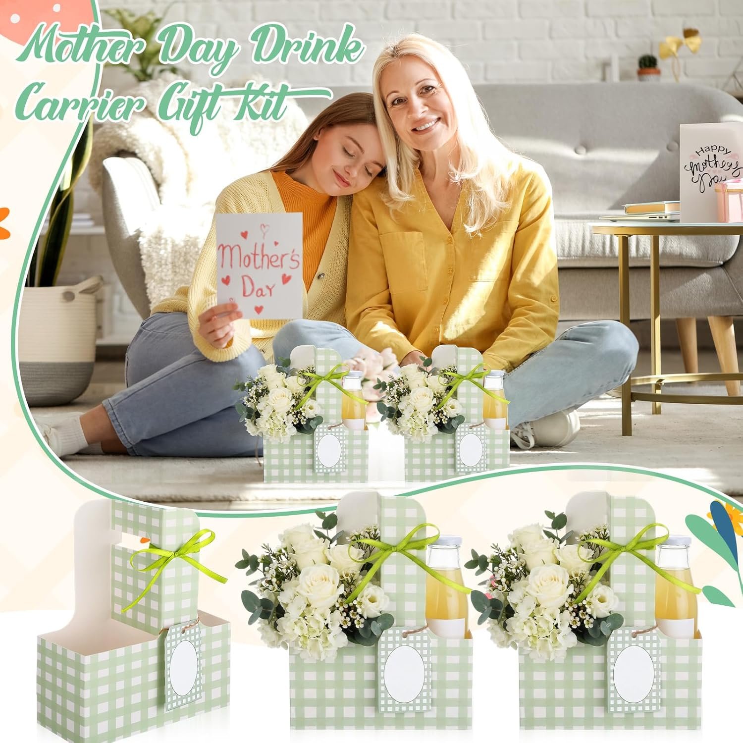 Logo Personalizzato 24 Set Portabevande per 2 Bicchieri con Manici Gingham Fiori Carte Marchio Bianco per Festa della Mamma Nozze Compleanni Produttore Verde Logo Personalizzato 24 Set Portabevande per 2 Bicchieri con Manici Gingham Fiori Carte Marchio Bianco per Festa della Mamma Nozze Compleanni Produttore Verde