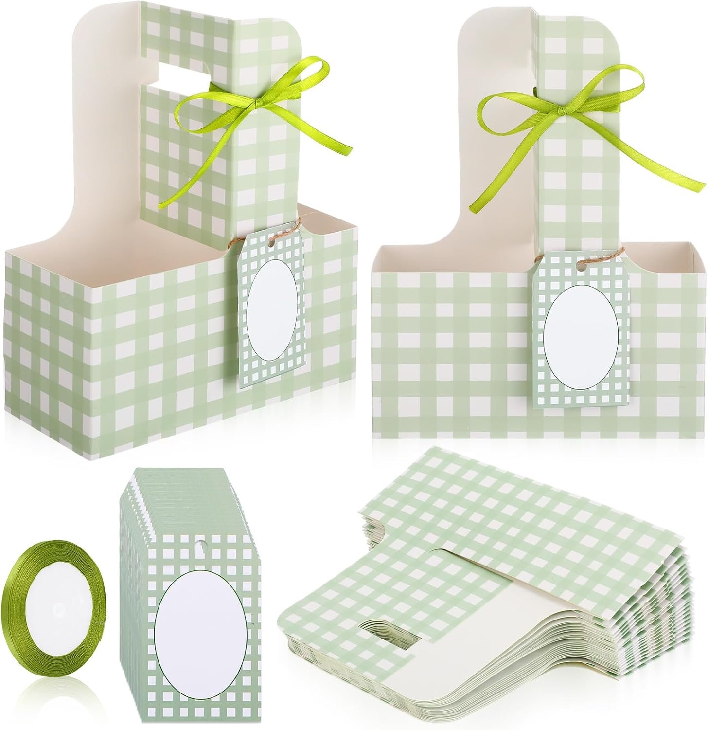 Logo Personalizzato 24 Set Portabevande per 2 Bicchieri con Manici Gingham Fiori Carte Marchio Bianco per Festa della Mamma Nozze Compleanni Produttore Verde