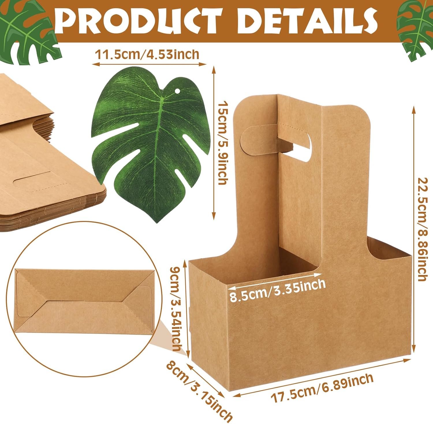 Logo Personalizzato Set da 24 Portabevande per 2 Bicchieri con Maniglia Tropical Luau Foglie di Palma Monstera Carta Kraft Monouso Pieghevole per Bevande Calde Fredde Feste Estive Hawaiane Nozze Marchio Bianco Fornitore
