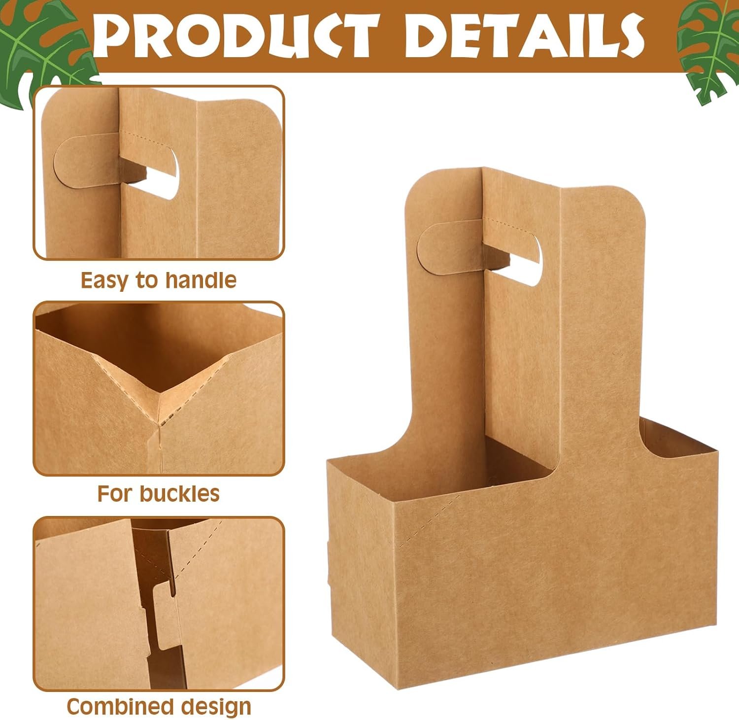 Logo Personalizzato Set da 24 Portabevande per 2 Bicchieri con Maniglia Tropical Luau Foglie di Palma Monstera Carta Kraft Monouso Pieghevole per Bevande Calde Fredde Feste Estive Hawaiane Nozze Marchio Bianco Fornitore