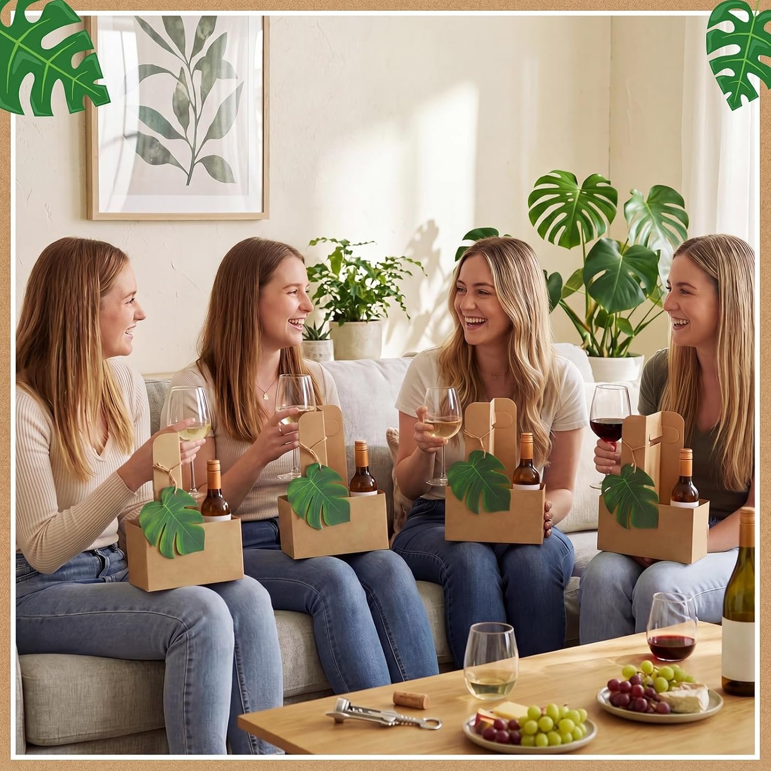 Logo Personalizzato Set da 24 Portabevande per 2 Bicchieri con Maniglia Tropical Luau Foglie di Palma Monstera Carta Kraft Monouso Pieghevole per Bevande Calde Fredde Feste Estive Hawaiane Nozze Marchio Bianco Fornitore