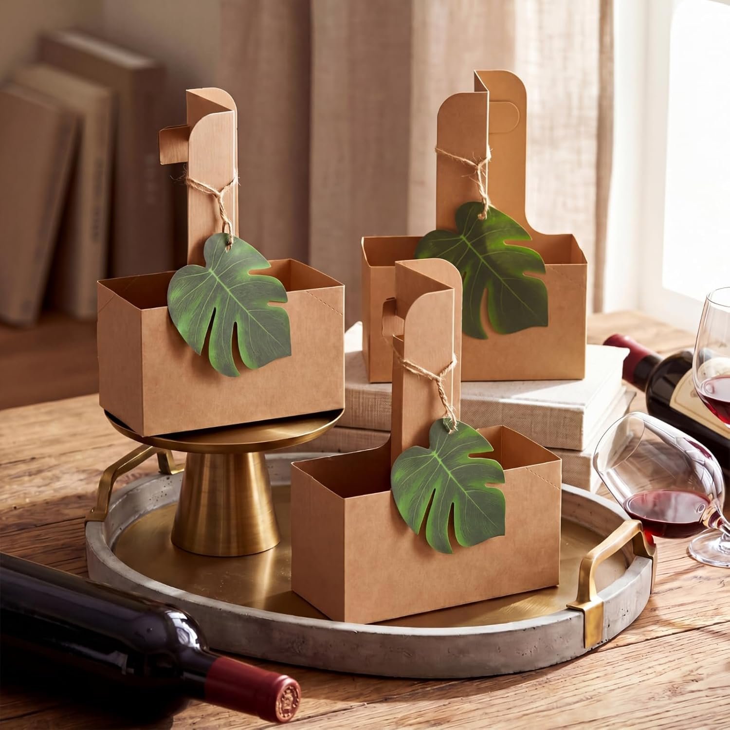 Logo Personalizzato Set da 24 Portabevande per 2 Bicchieri con Maniglia Tropical Luau Foglie di Palma Monstera Carta Kraft Monouso Pieghevole per Bevande Calde Fredde Feste Estive Hawaiane Nozze Marchio Bianco Fornitore