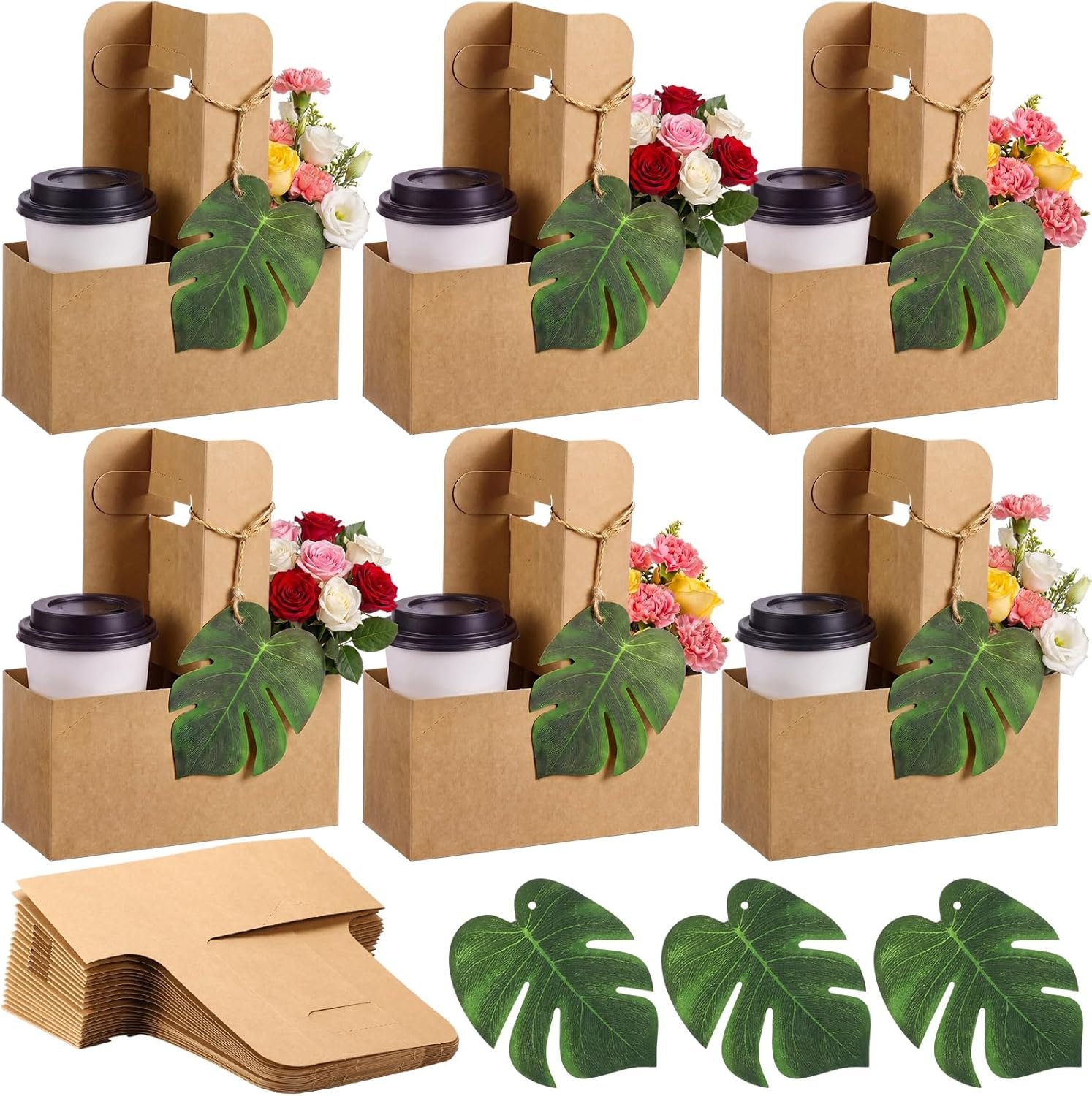 Logo Personalizzato Set da 24 Portabevande per 2 Bicchieri con Maniglia Tropical Luau Foglie di Palma Monstera Carta Kraft Monouso Pieghevole per Bevande Calde Fredde Feste Estive Hawaiane Nozze Marchio Bianco Fornitore
