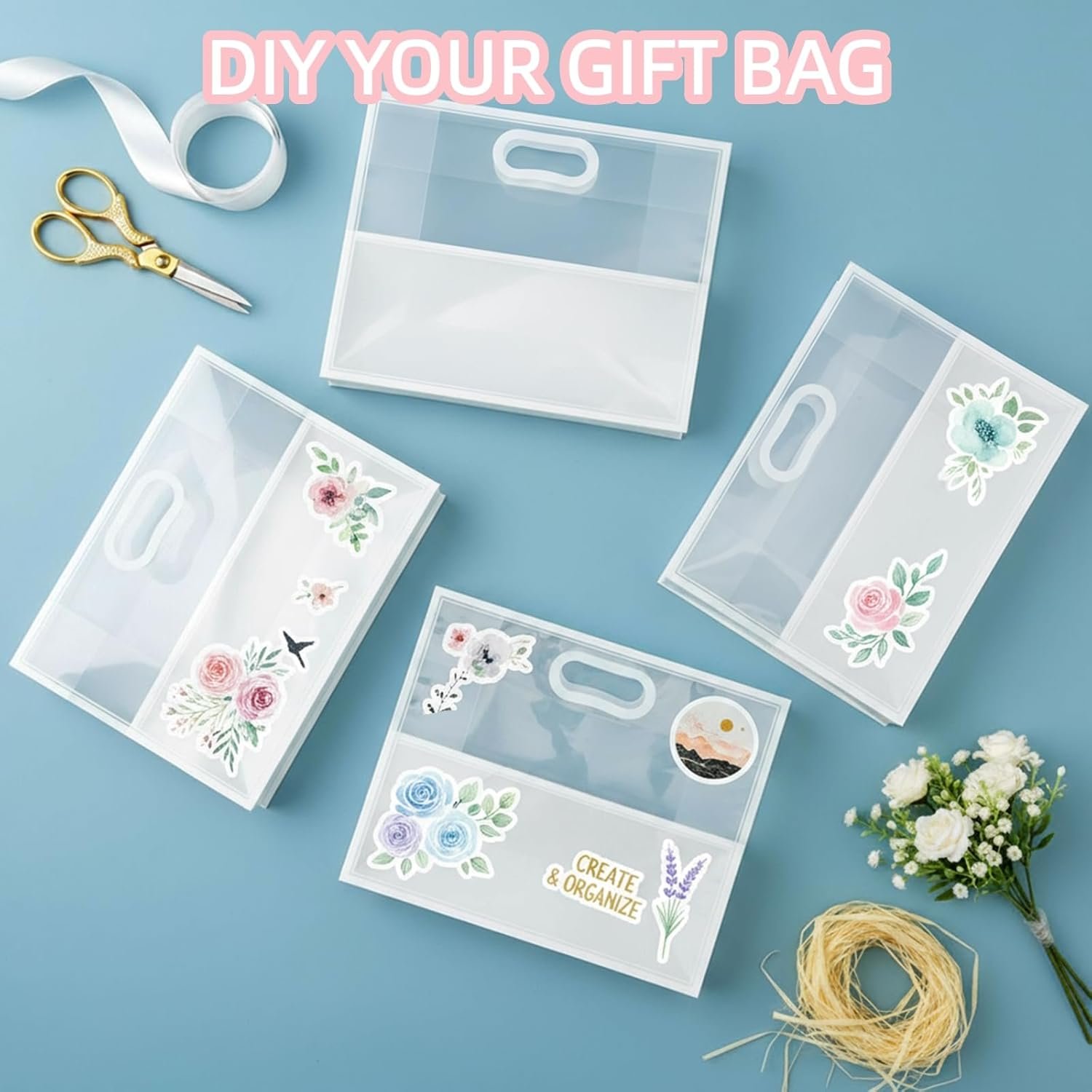 Logo Personalizzato Borse Regalo Trasparenti con Manici 12x10x5 Pollici Riutilizzabili con Nastro Marchio Bianco Confezione da 20 per Festa della Mamma Matrimoni Feste Compleanni Lauree dal Fornitore
