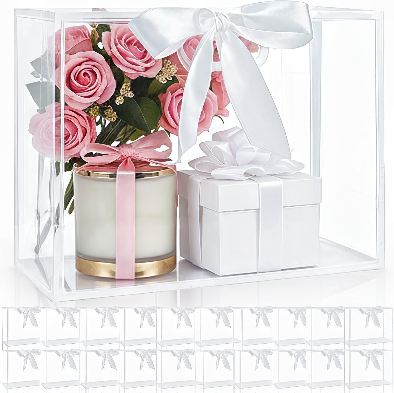 Logo Personalizzato Borse Regalo Trasparenti con Manici 12x10x5 Pollici Riutilizzabili con Nastro Marchio Bianco Confezione da 20 per Festa della Mamma Matrimoni Feste Compleanni Lauree dal Fornitore