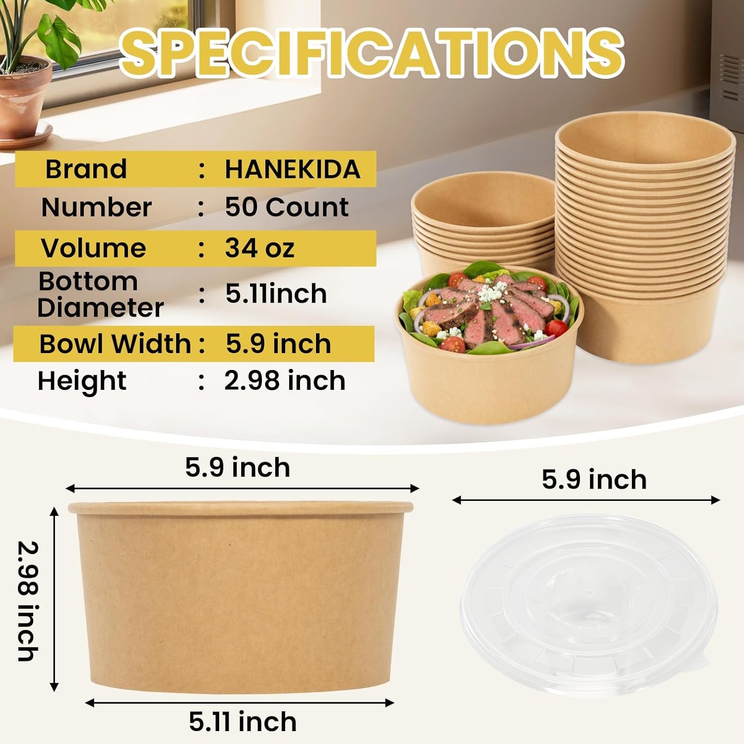 Marchio Bianco - Confezione da 50 Ciotole Monouso in Carta da 34 oz con Coperchi per Zuppe e Pasti Pronti Adatte al Microonde per Feste Asporto Riunioni Pasti all'Aperto con Logo Personalizzato dal Fornitore