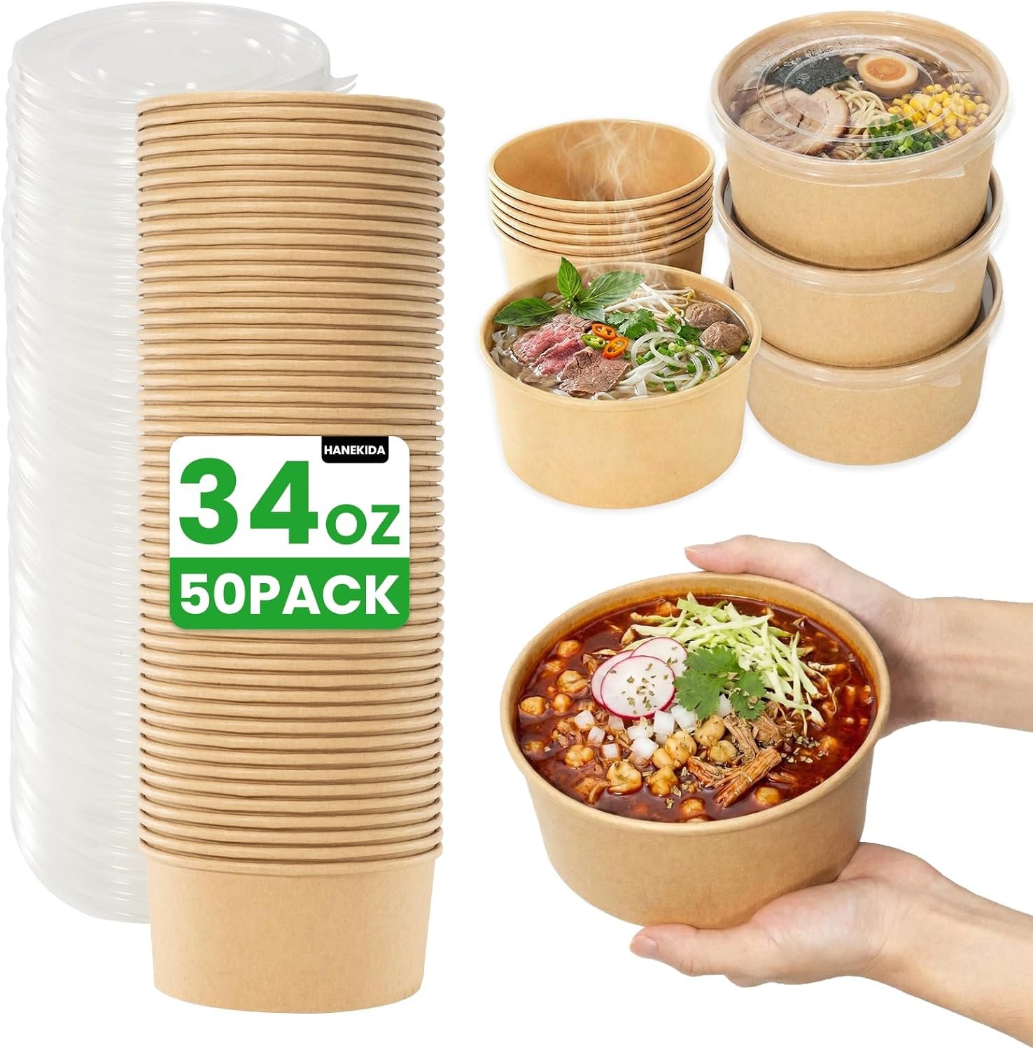 Marchio Bianco - Confezione da 50 Ciotole Monouso in Carta da 34 oz con Coperchi per Zuppe e Pasti Pronti Adatte al Microonde per Feste Asporto Riunioni Pasti all'Aperto con Logo Personalizzato dal Fornitore